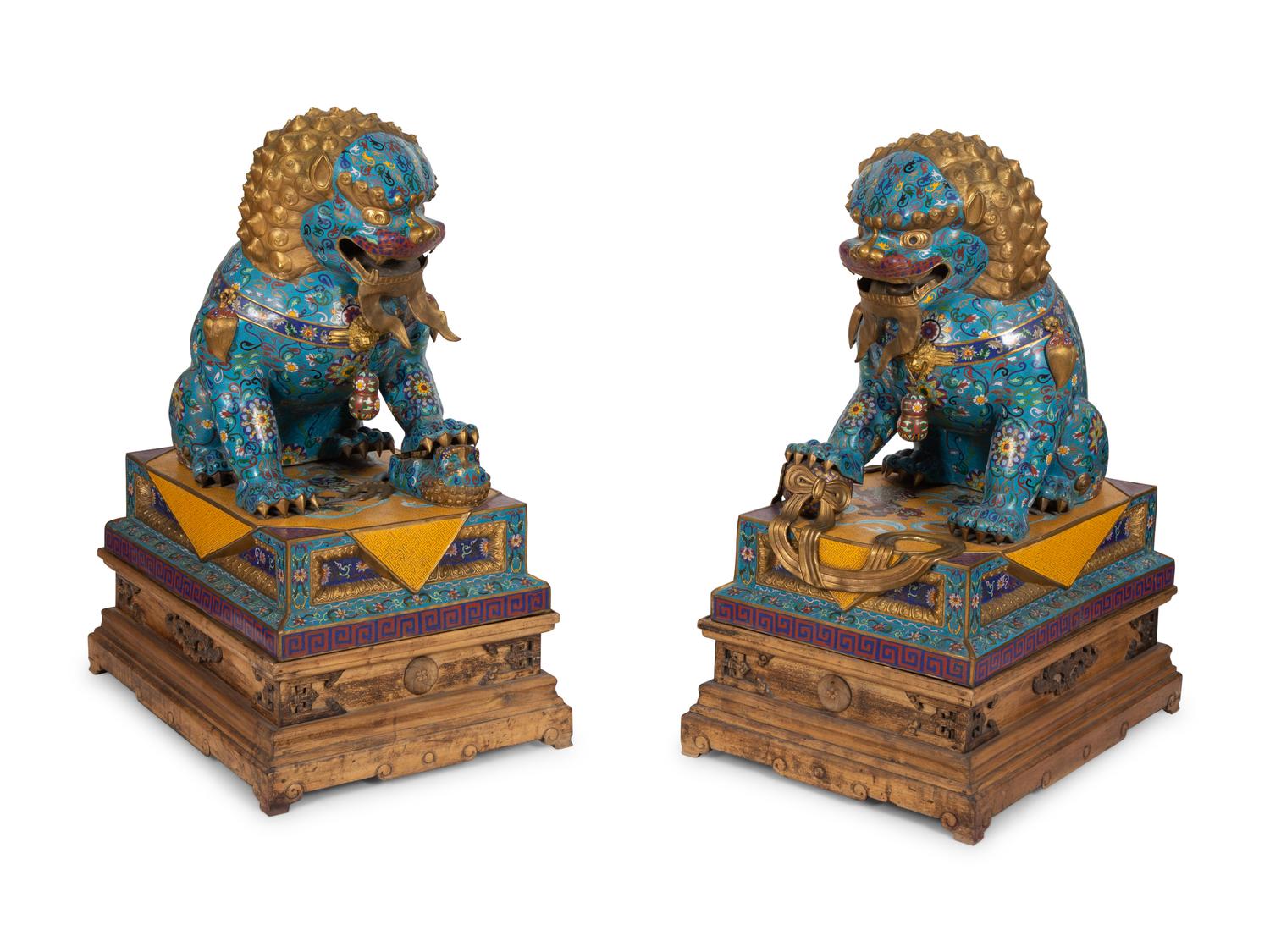 A Pair of Large Chinese Cloisonné Guardian Lions