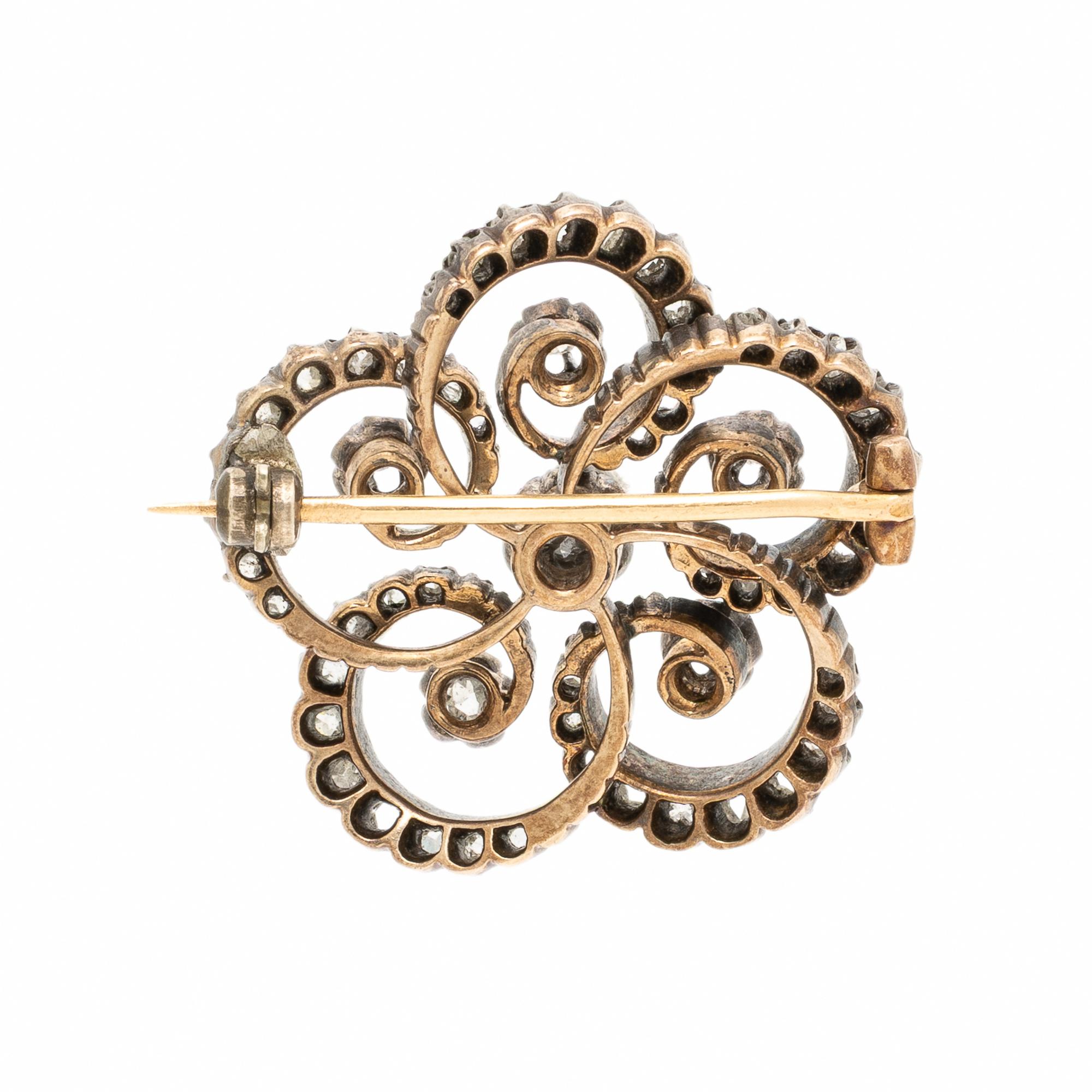 Antique, Diamond and Silver-Topped Gold Flower Brooch