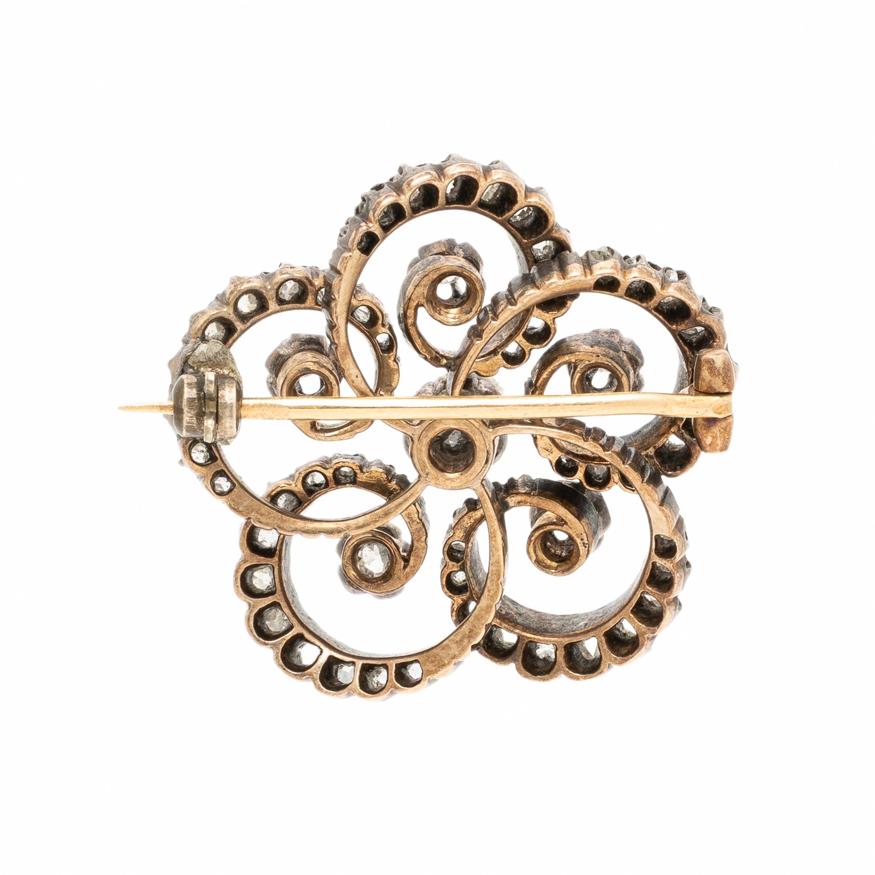Antique, Diamond and Silver-Topped Gold Flower Brooch