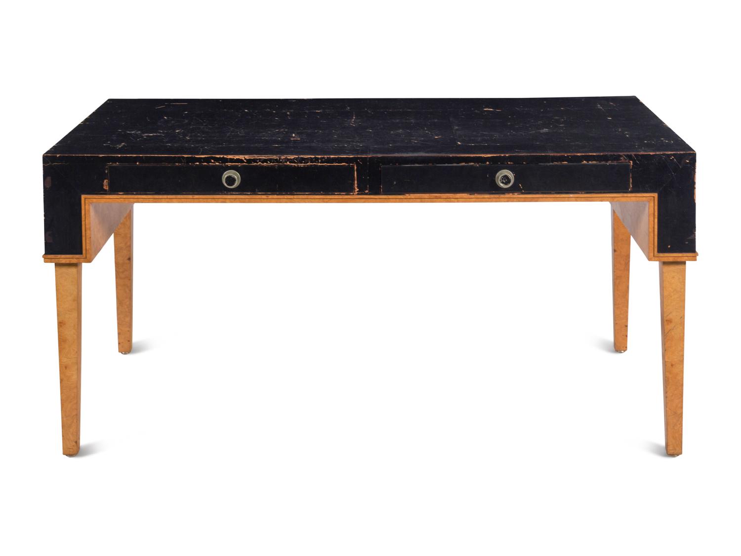 A Modernist Burlwood and Leather-Veneered Desk