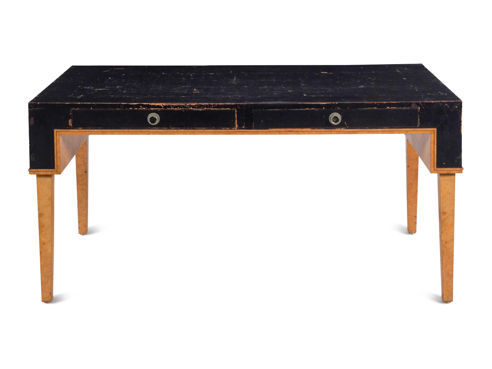 A Modernist Burlwood and Leather-Veneered Desk