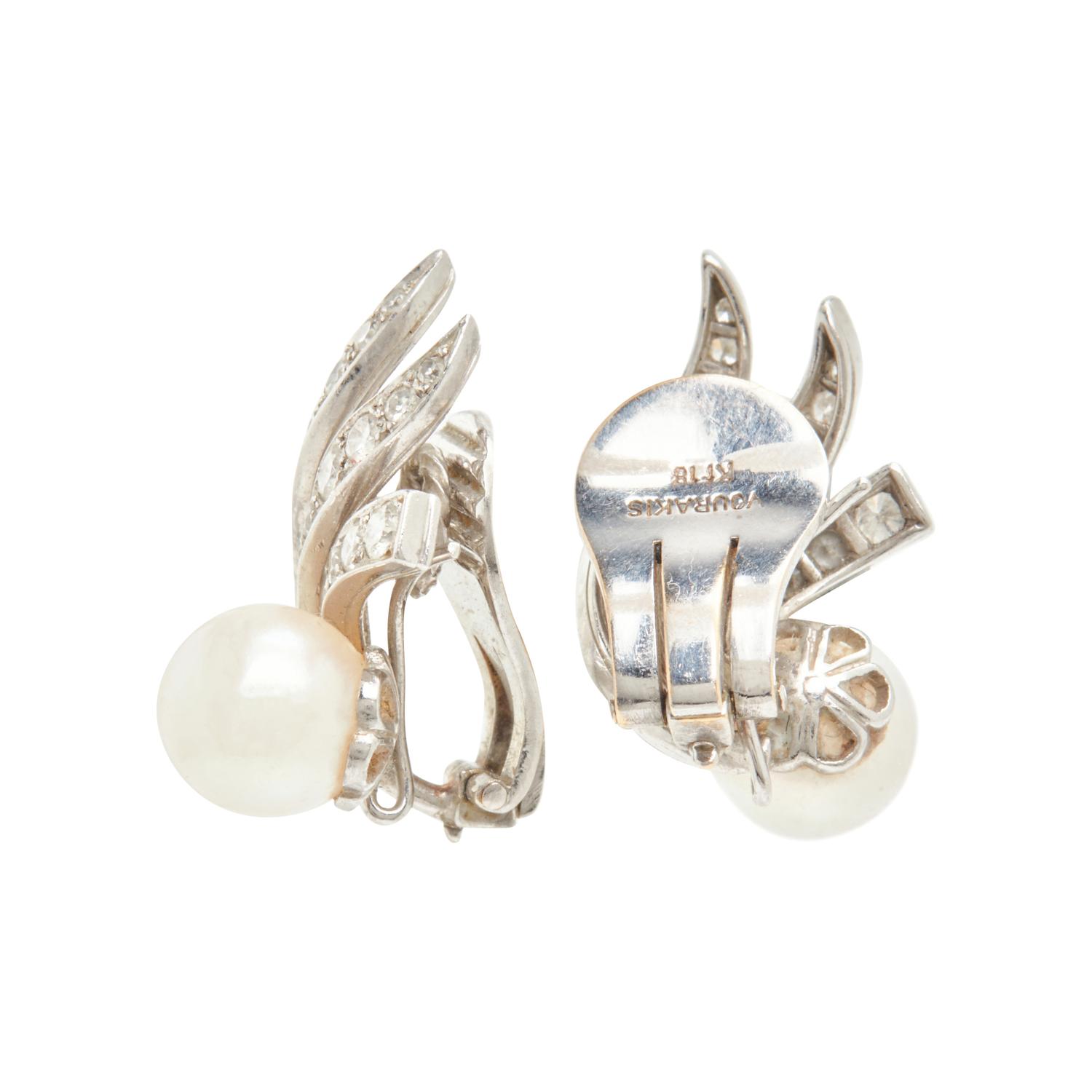 WHITE GOLD, CULTURED PEARL, AND DIAMOND CLIP EARRINGS