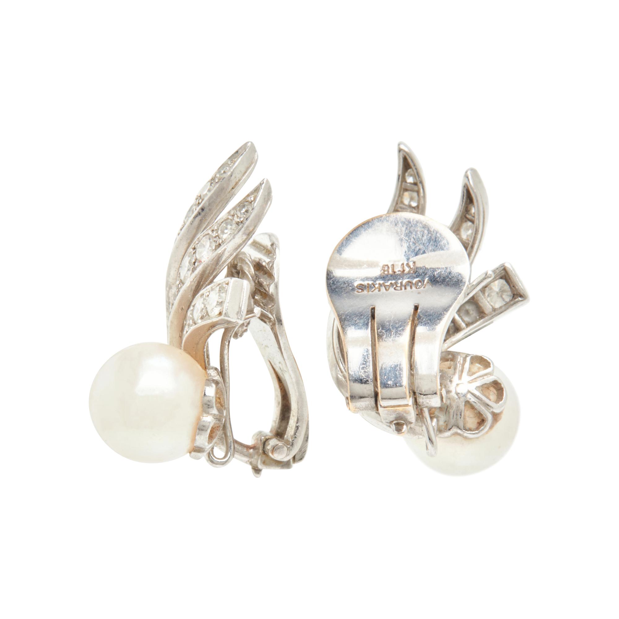 WHITE GOLD, CULTURED PEARL, AND DIAMOND CLIP EARRINGS