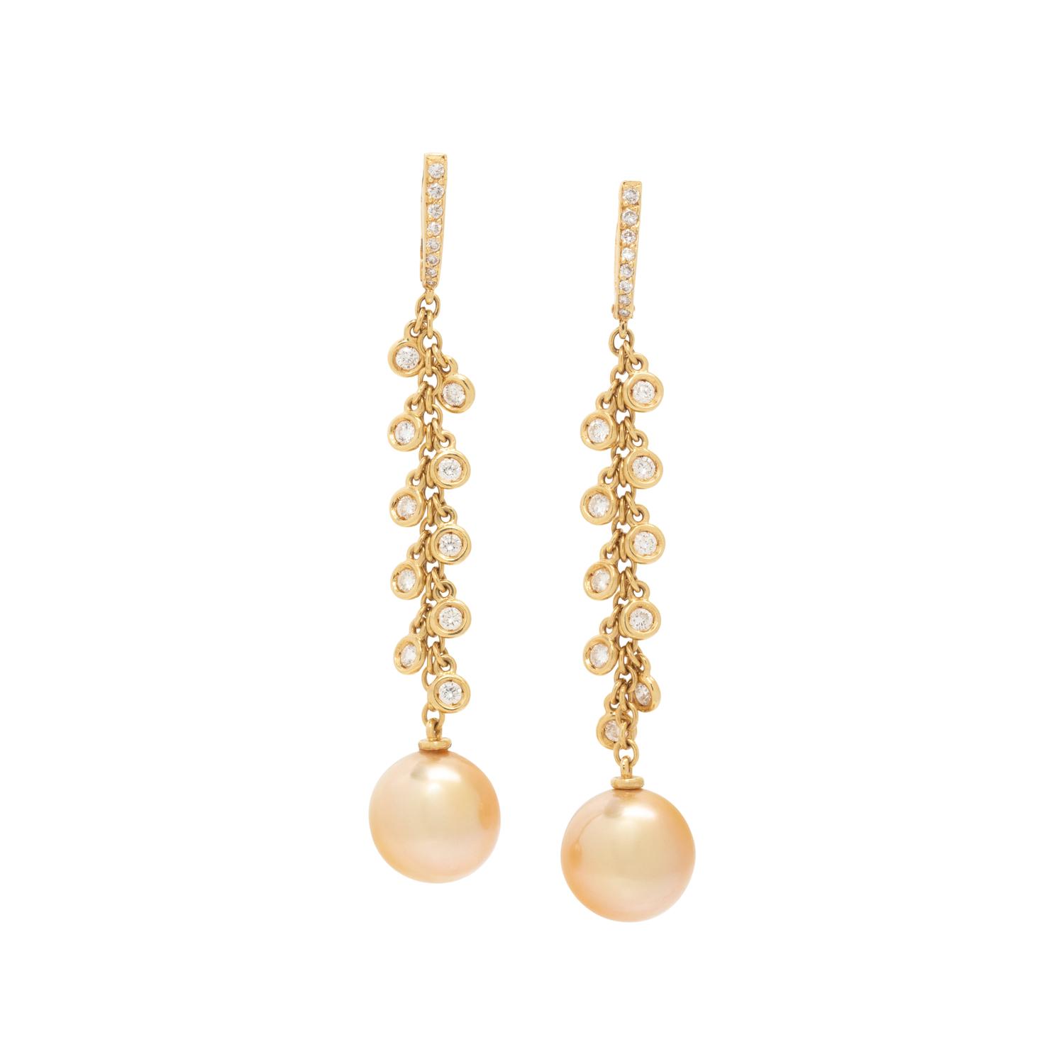 GOLDEN SOUTH SEA CULTURED PEARL AND DIAMOND EARRINGS