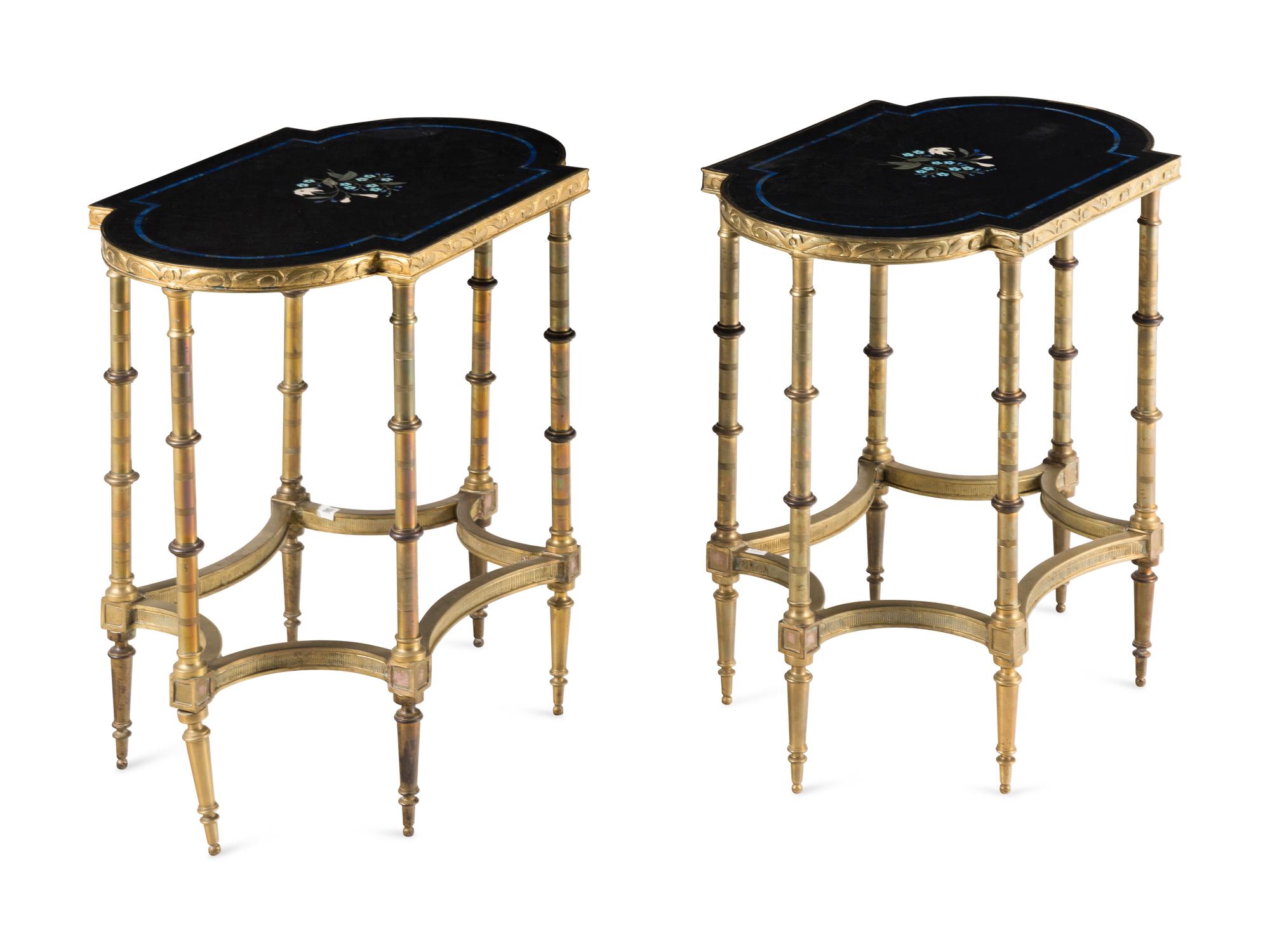 A Pair of Neoclassical Style Gilt Bronze and Pietra Dura Occasional Tables