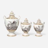 A Frankenthal garniture of three covered potpourri vases circa 1771