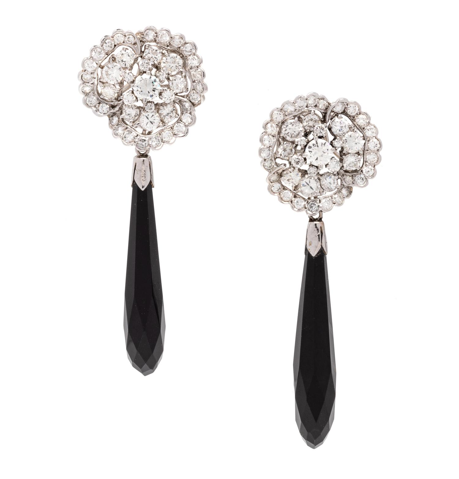 Diamond, Cultured Pearl and Onyx Convertible Earclips
