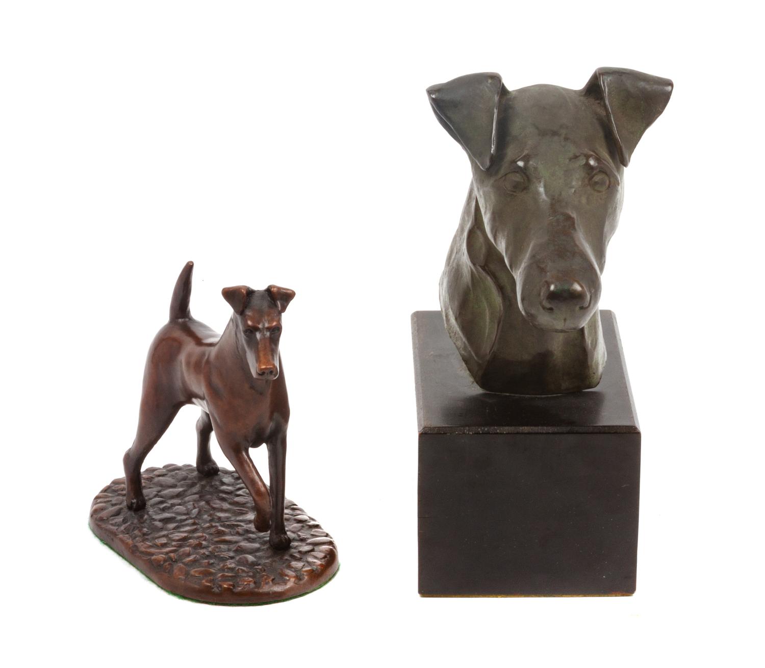 Two Bronze Wire Fox Terrier Sculptures Height of taller 8 1/2 inches.