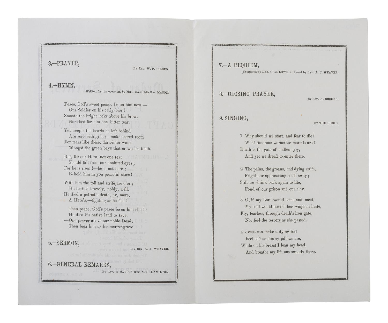 [CIVIL WAR]. Antietam grouping, incl. printed Order of Services for Funeral of Capt. Clark S. Simonds, 15th Mass, KIA Antietam. 23 September 1862.
