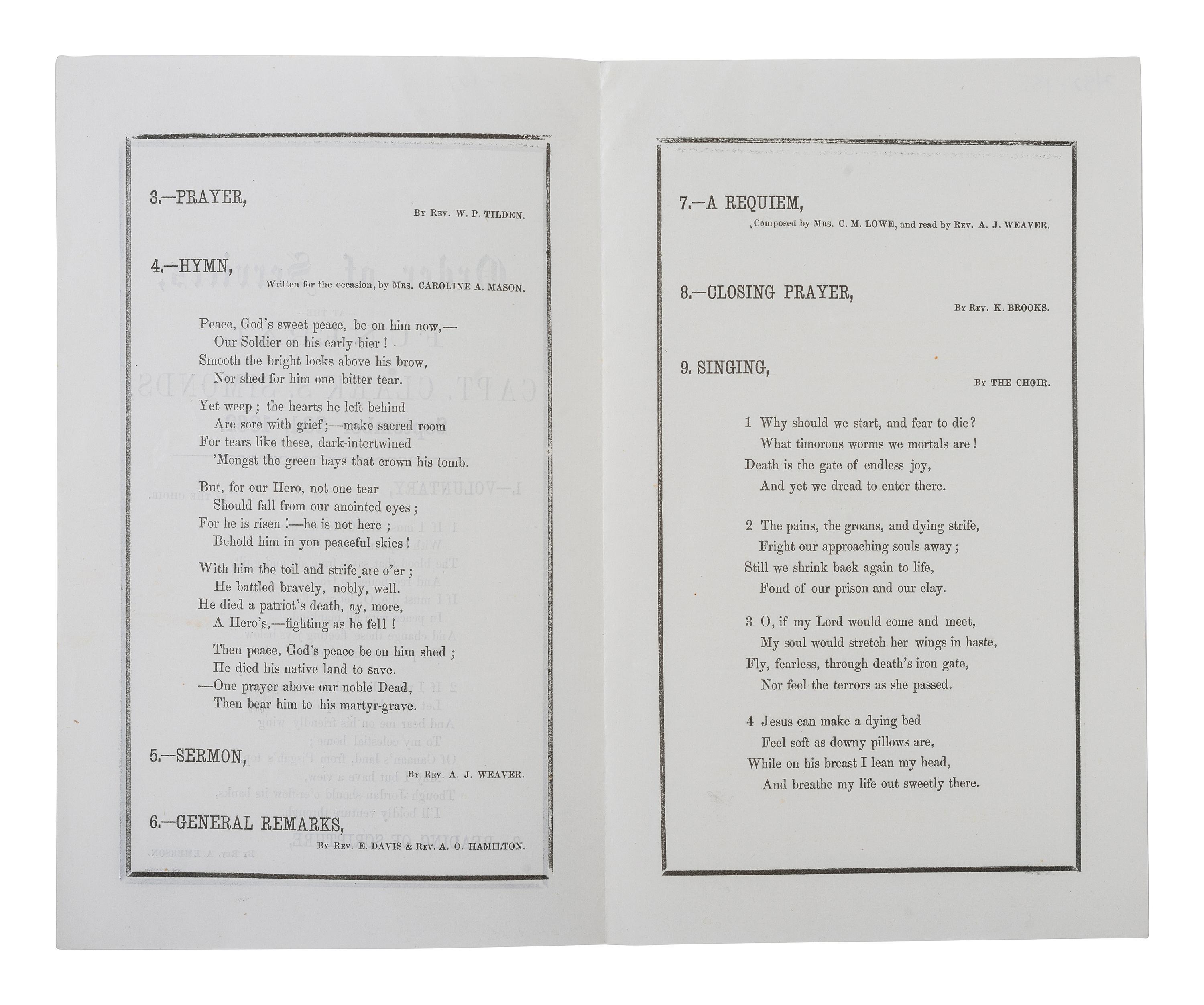 [CIVIL WAR]. Antietam grouping, incl. printed Order of Services for Funeral of Capt. Clark S. Simonds, 15th Mass, KIA Antietam. 23 September 1862.