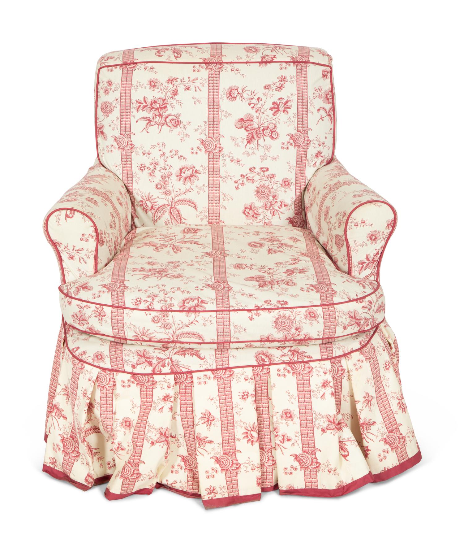 An American Empire Mahogany Foot Stool and a Printed Cotton Slip-Upholstered Club Chair