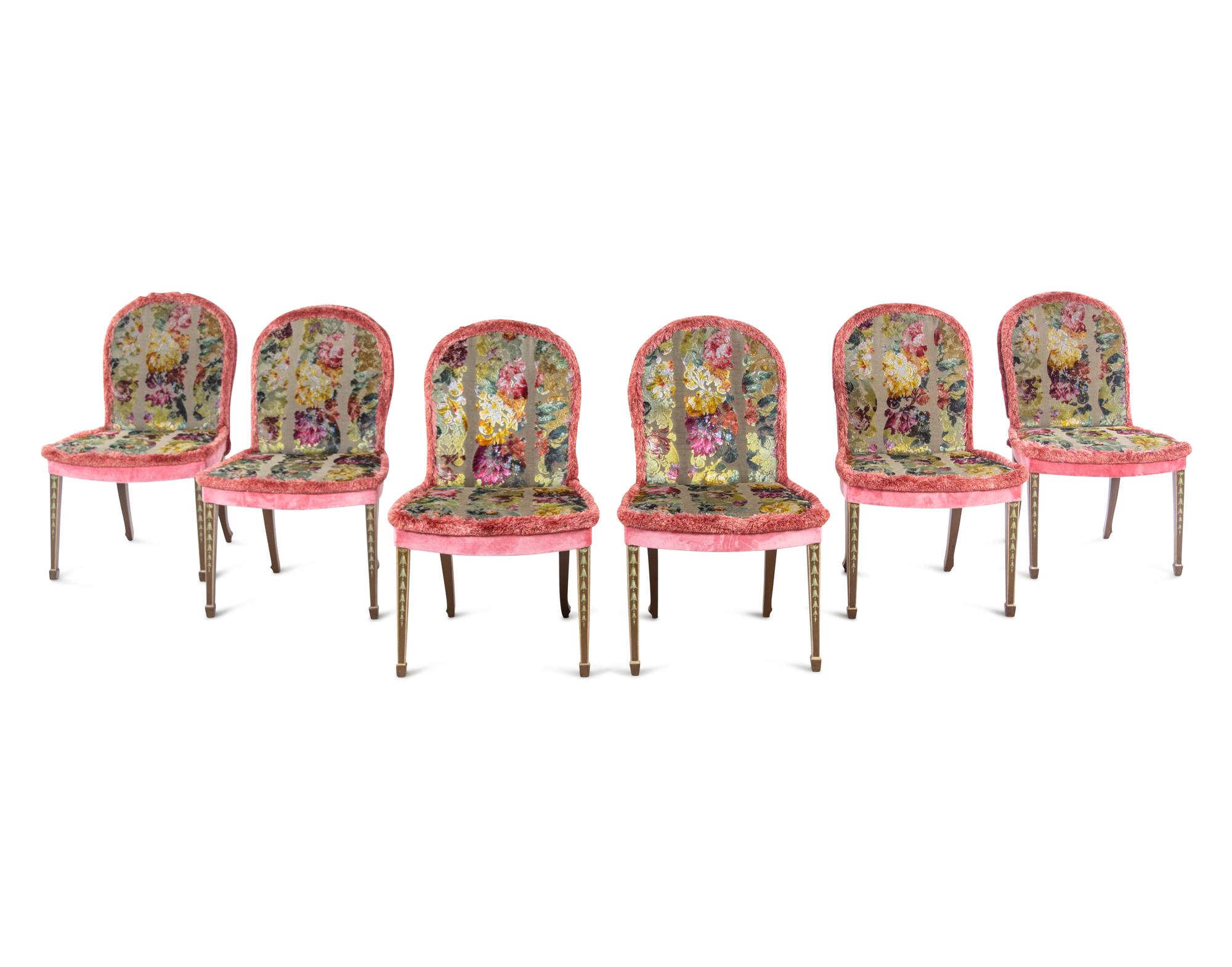 A Set of Six George III Style Painted Dining Chairs with Cut Velvet Upholstery