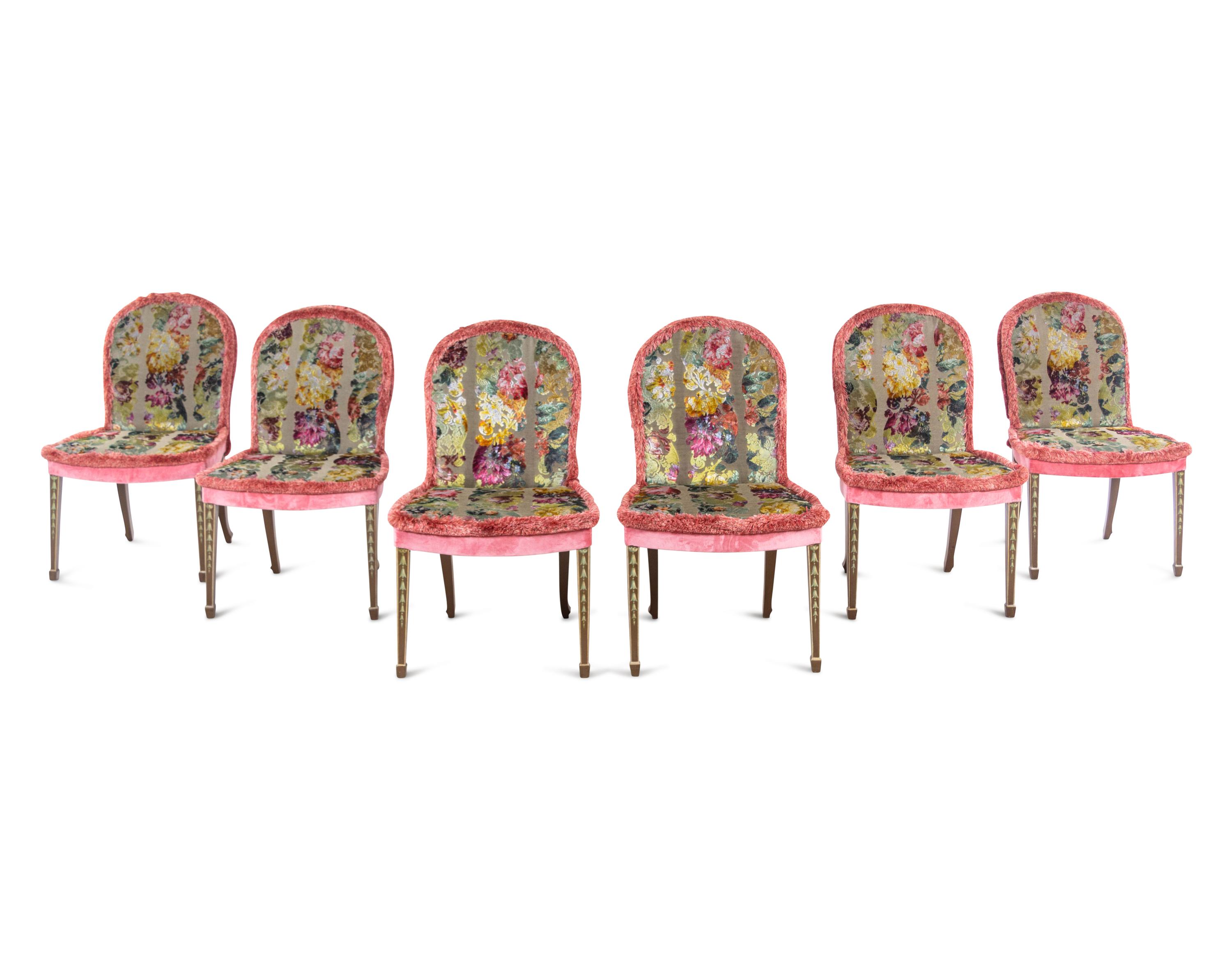 A Set of Six George III Style Painted Dining Chairs with Cut Velvet Upholstery