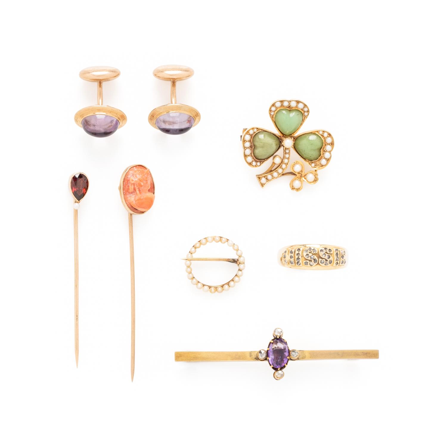 COLLECTION OF YELLOW GOLD AND GEMSET ANTIQUE JEWELRY