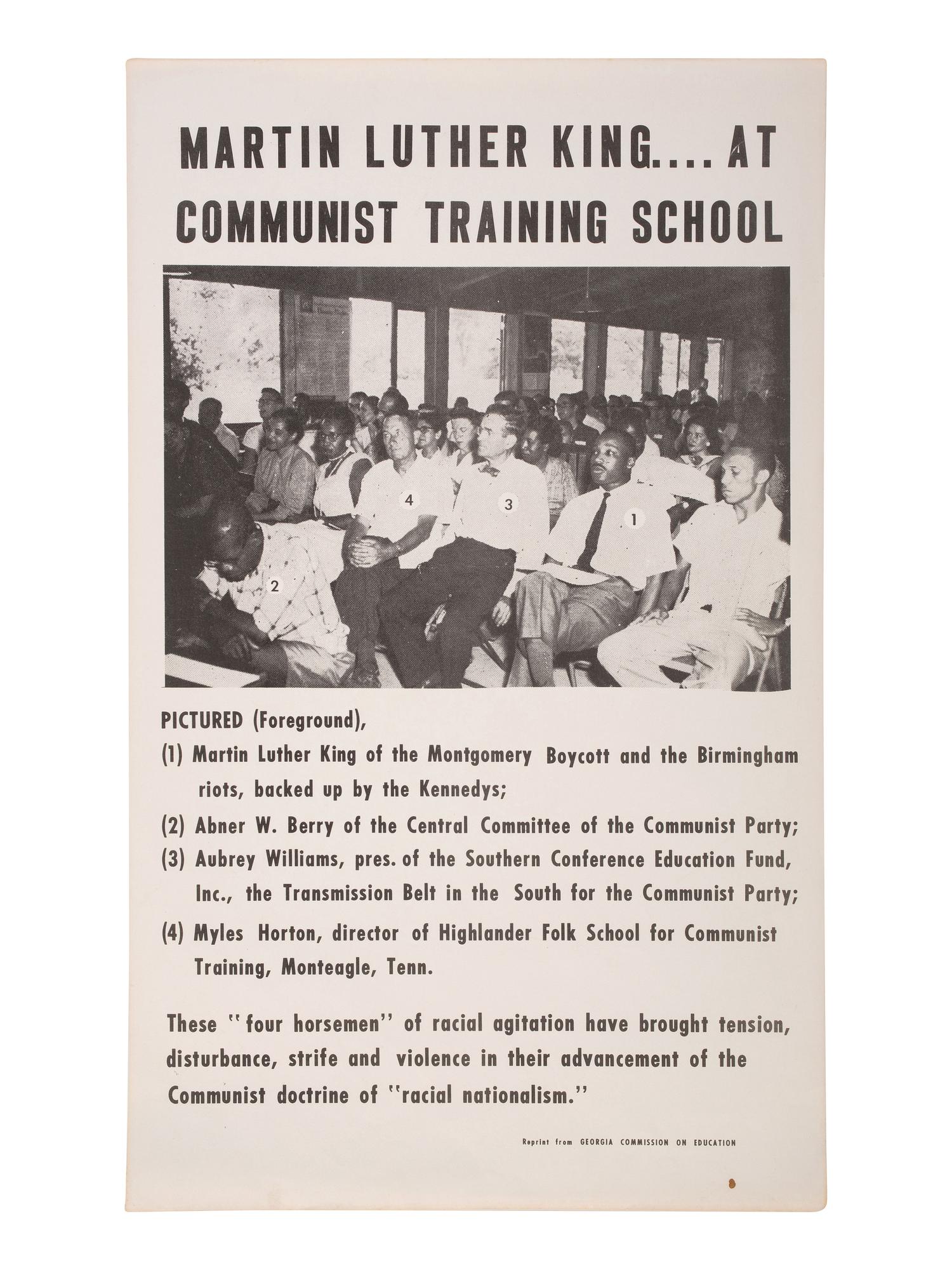 [KING, Martin Luther, Jr. (1929-1968)]. Martin Luther King...at Communist Training School . Promotional flyer issued by the Georgia Commission on Education, ca 1963-1964.