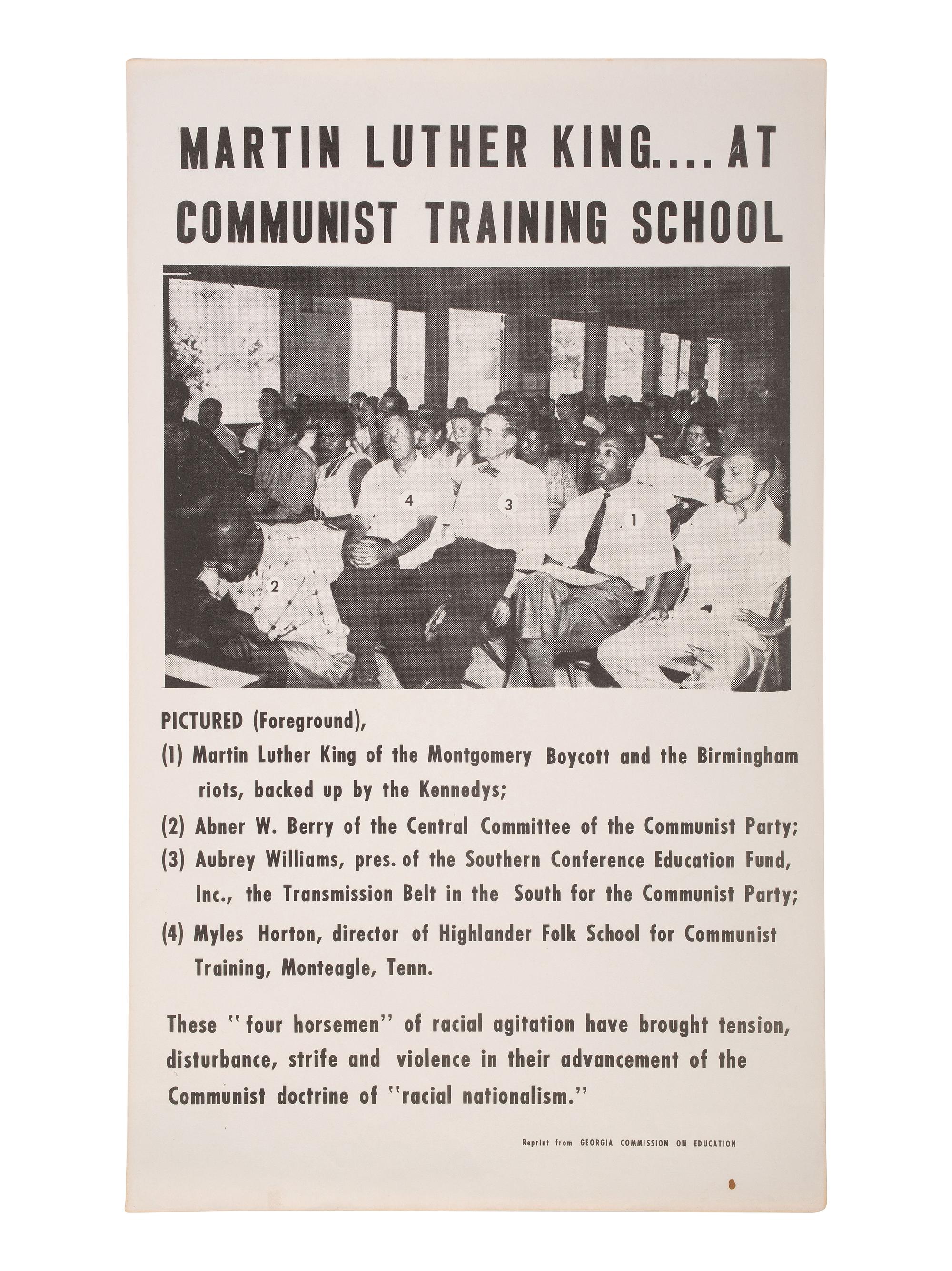 [KING, Martin Luther, Jr. (1929-1968)]. Martin Luther King...at Communist Training School . Promotional flyer issued by the Georgia Commission on Education, ca 1963-1964.