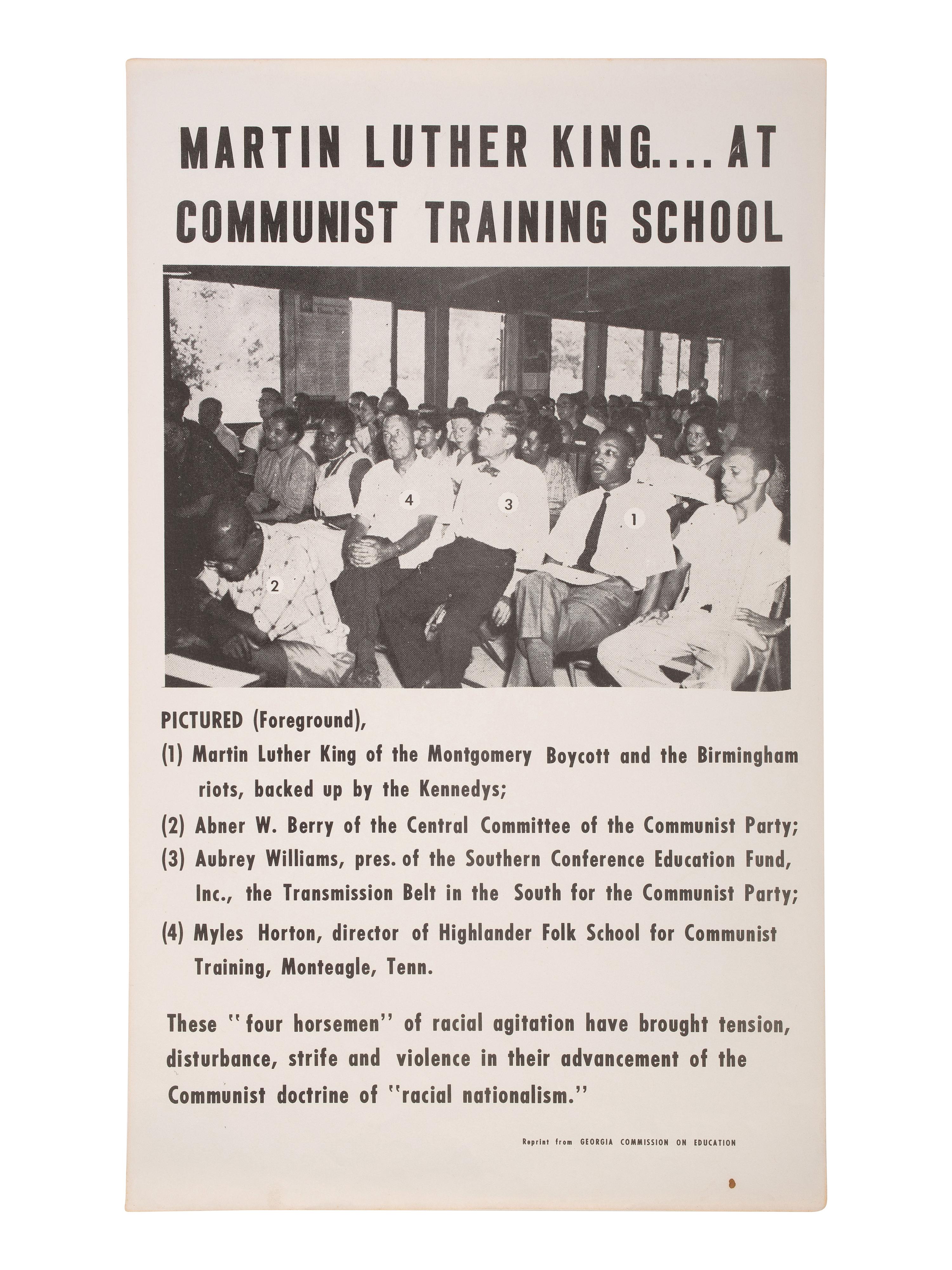 [KING, Martin Luther, Jr. (1929-1968)]. Martin Luther King...at Communist Training School . Promotional flyer issued by the Georgia Commission on Education, ca 1963-1964.
