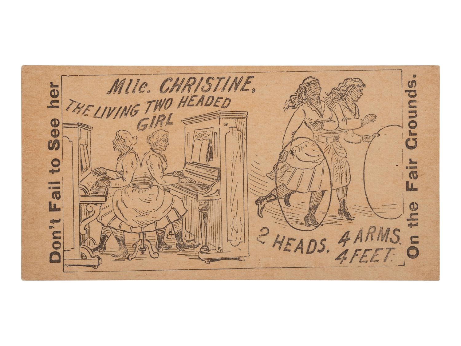 [MUSIC - McKOY, Millie and Christine (1851-1912)]. Printed card advertising performances by the "Carolina Twins" Millie and Christine.