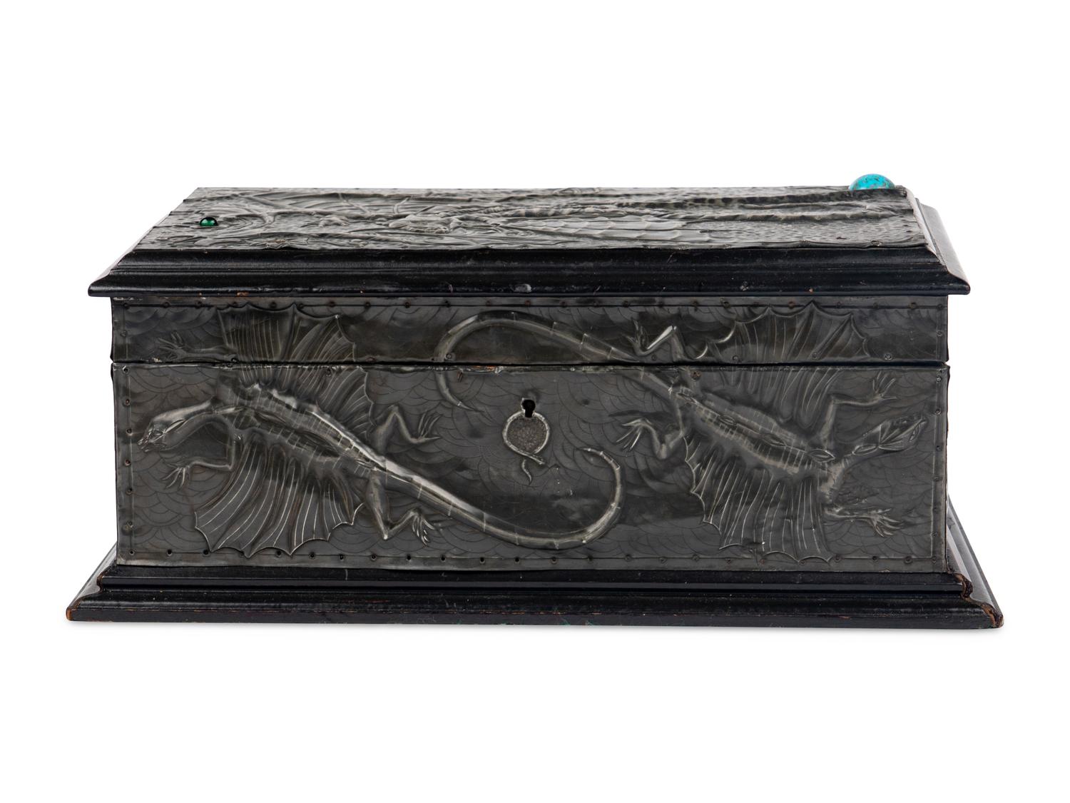 A Repousse Metal and Cabochon-Inset Humidor