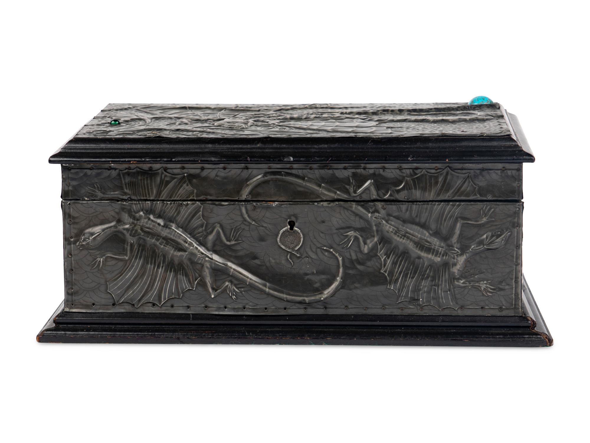 A Repousse Metal and Cabochon-Inset Humidor