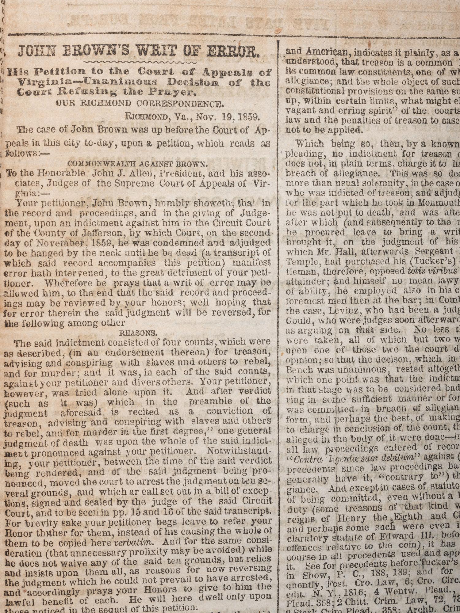 A group of 7 newspapers containing reports of John Brown and Harper's Ferry.
