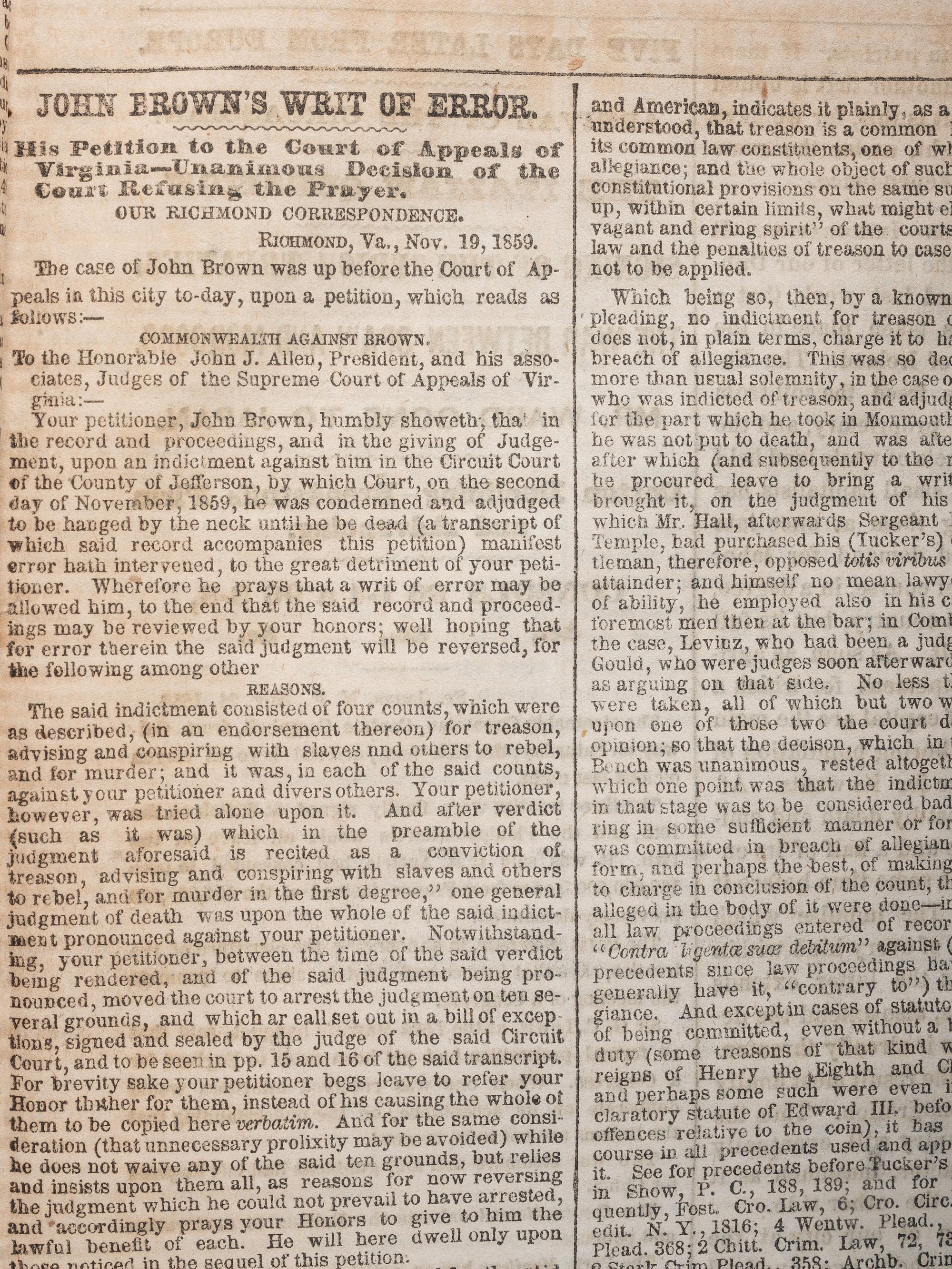 A group of 7 newspapers containing reports of John Brown and Harper's Ferry.