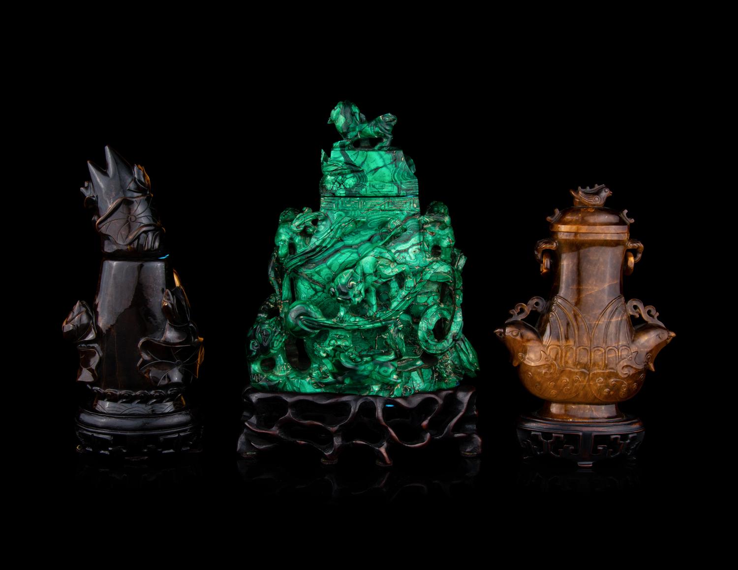 Three Chinese Hardstone Covered Vases