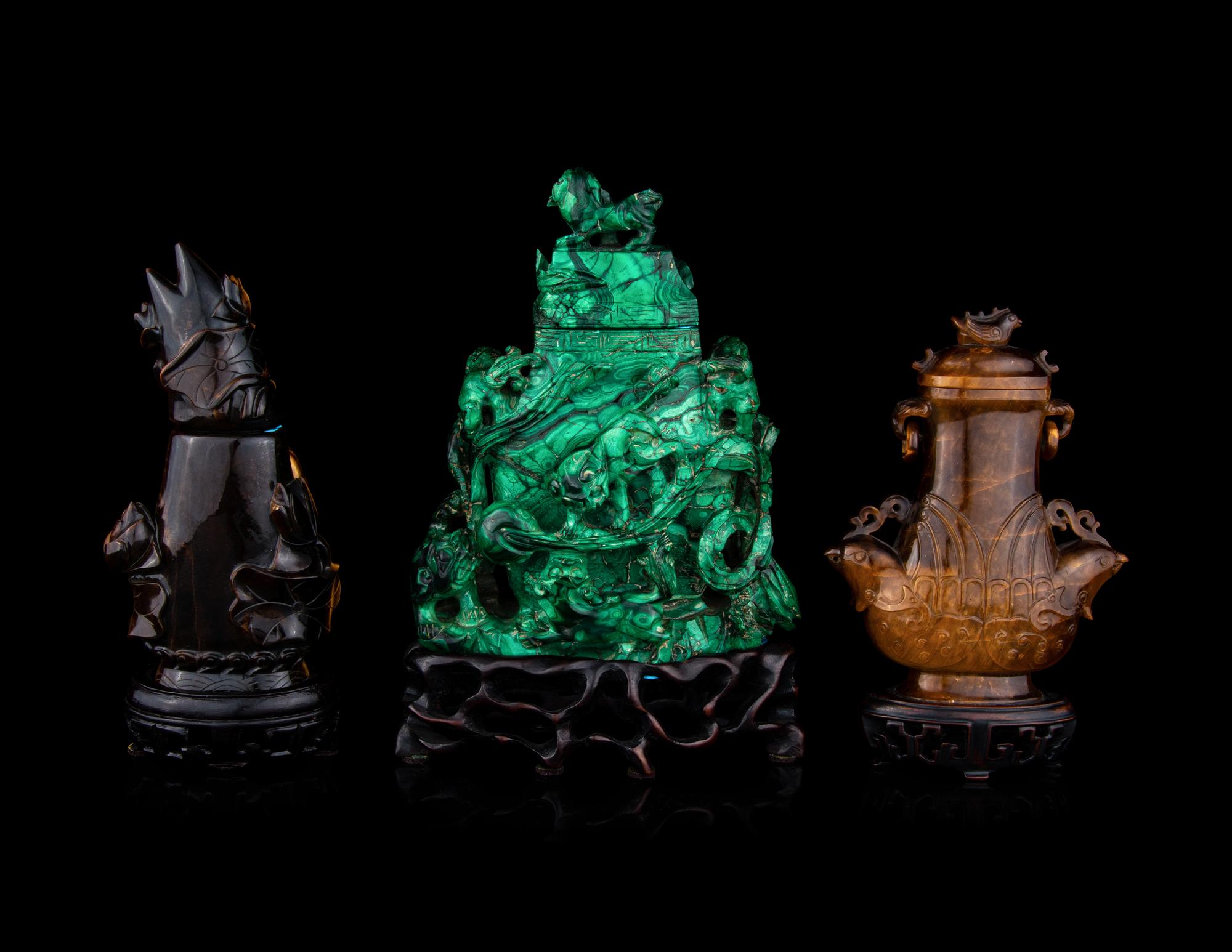 Three Chinese Hardstone Covered Vases