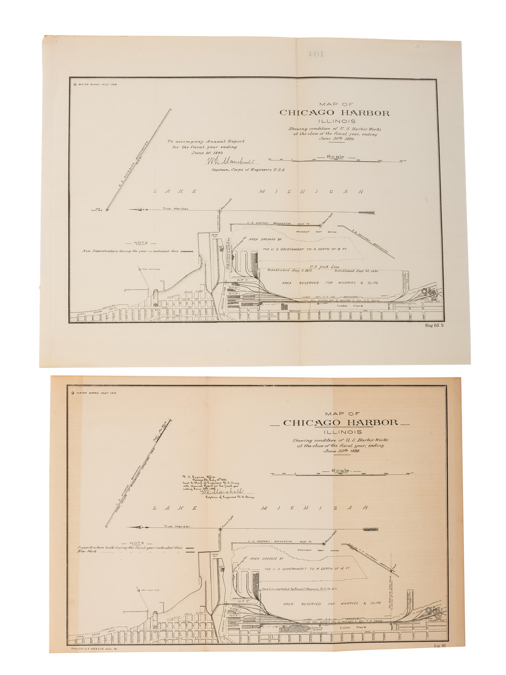 [MAPS & ATLASES -- CHICAGO]. A group of 13 maps depicting the Chicago River and Chicago Harbor, comprising: