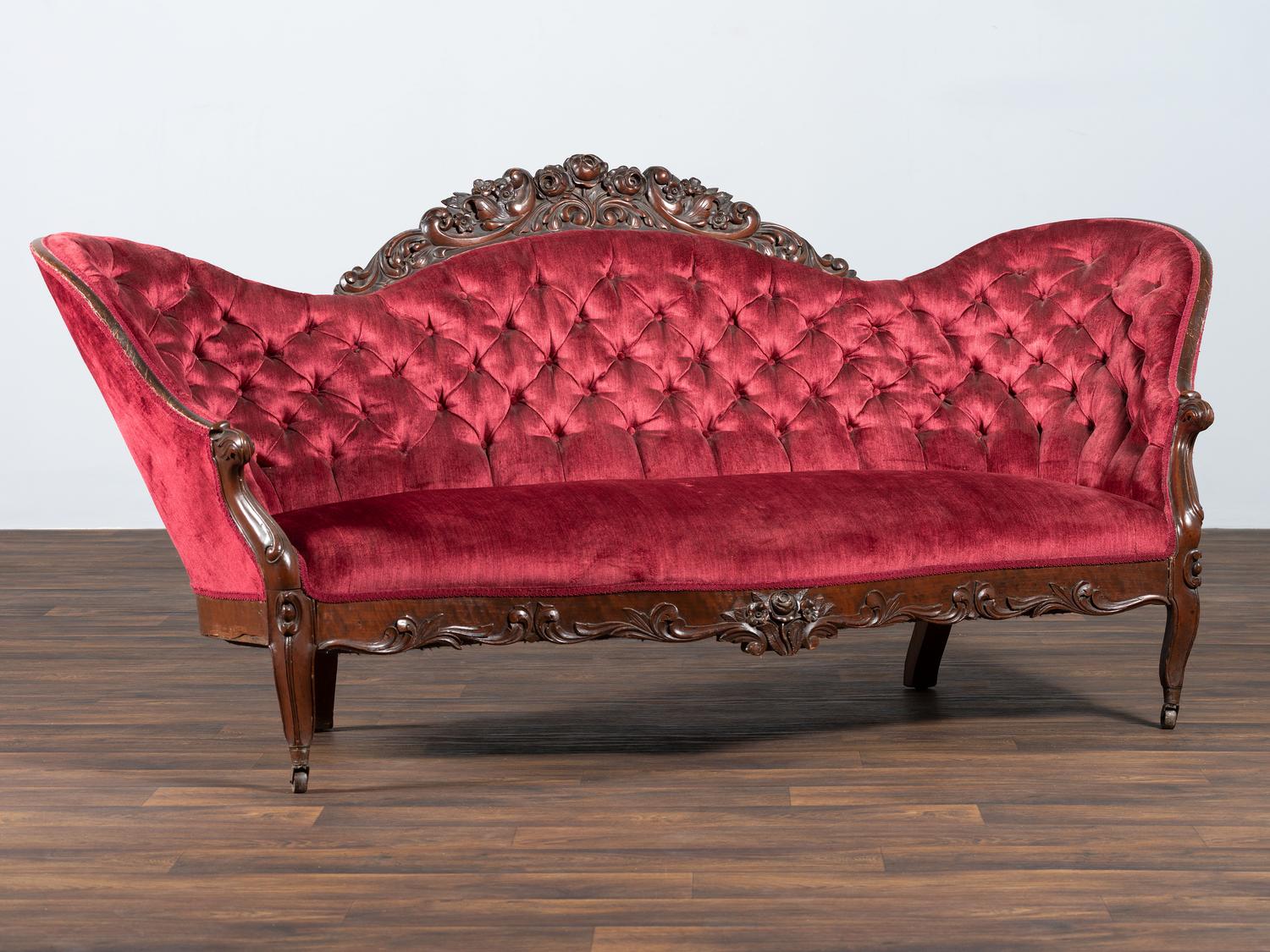 A Victorian Floral Carved Rosewood Parlor Settee