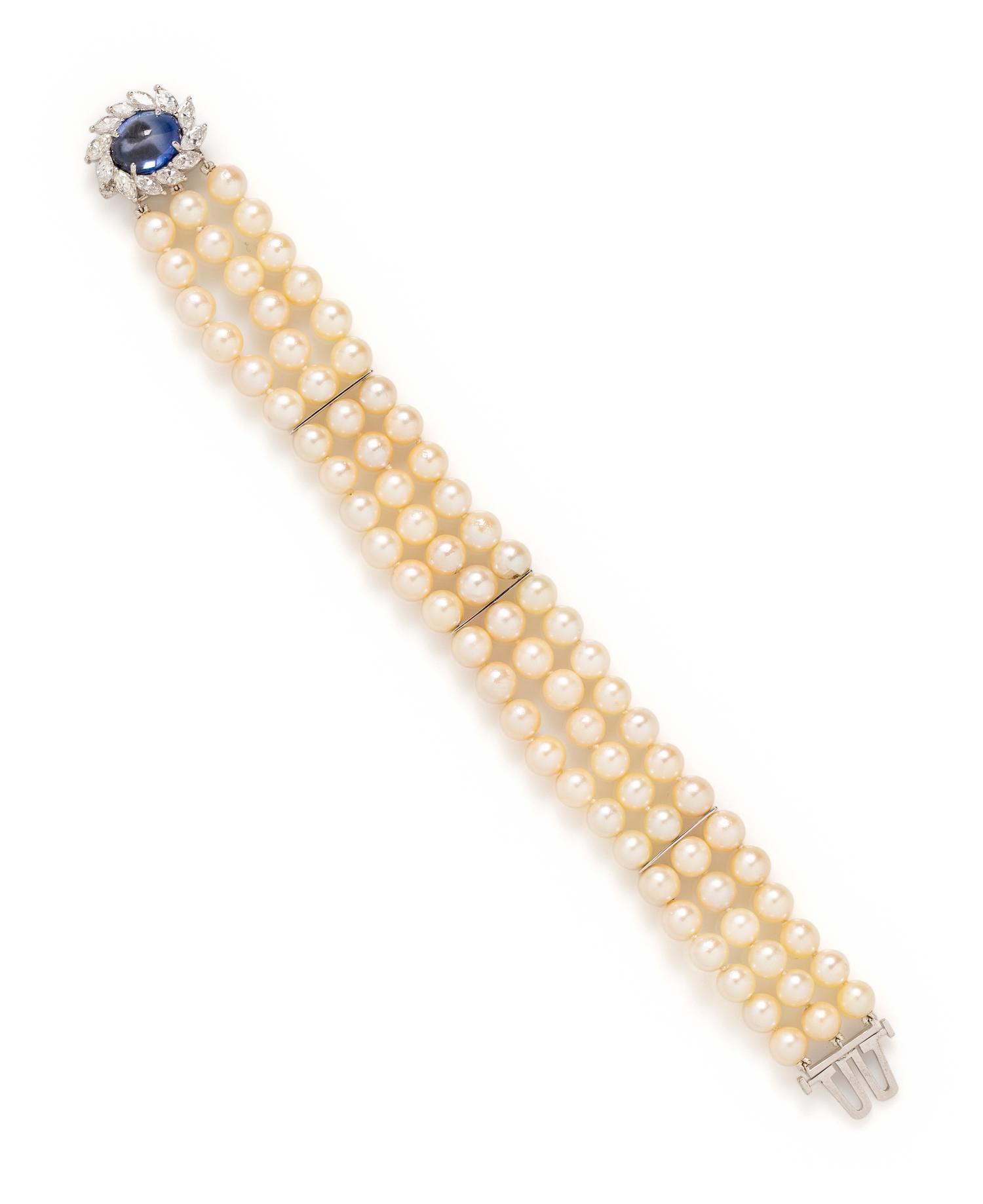 CULTURED PEARL, SYNTHETIC SAPPHIRE AND DIAMOND BRACELET