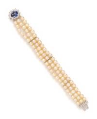 CULTURED PEARL, SYNTHETIC SAPPHIRE AND DIAMOND BRACELET