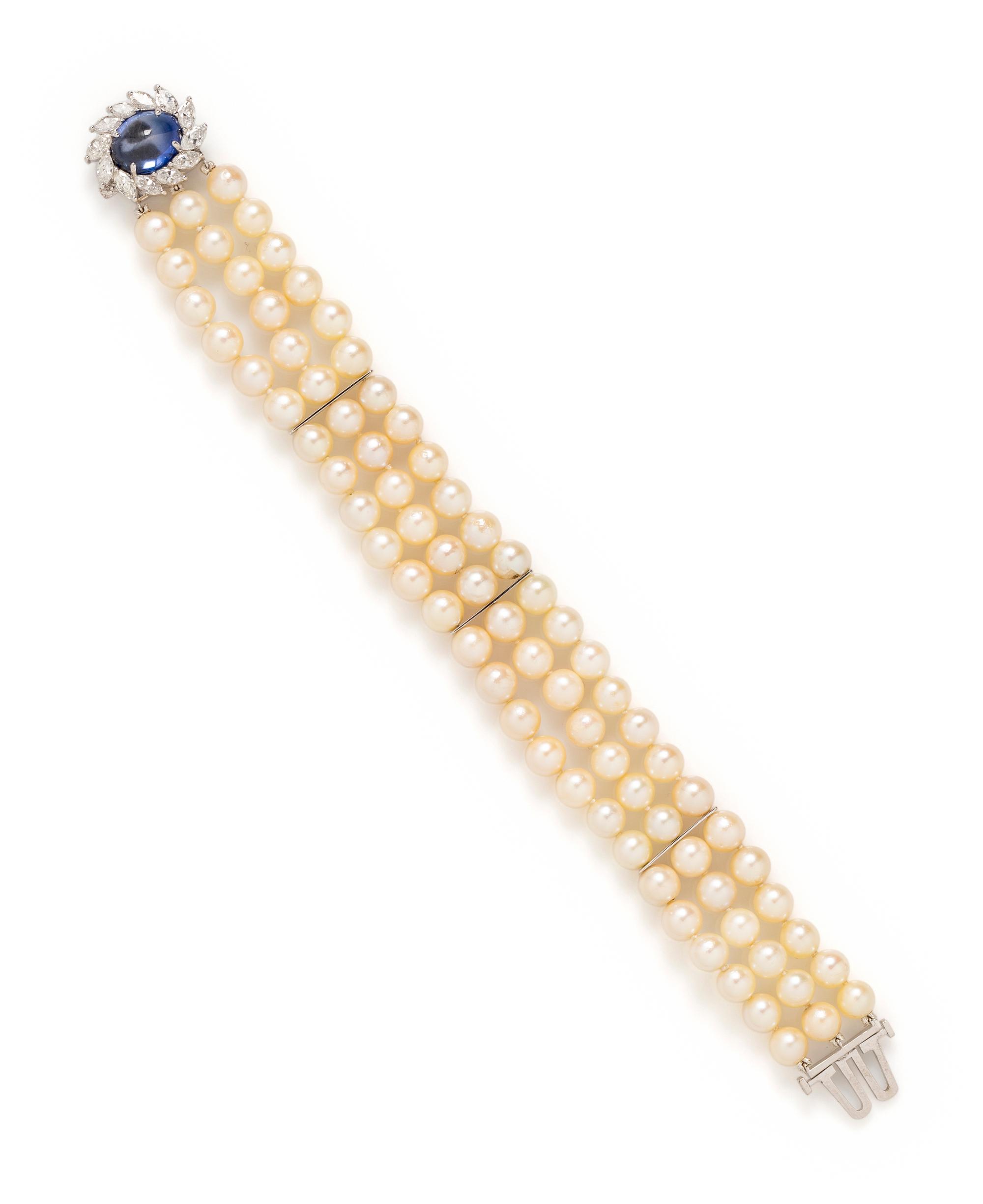 CULTURED PEARL, SYNTHETIC SAPPHIRE AND DIAMOND BRACELET