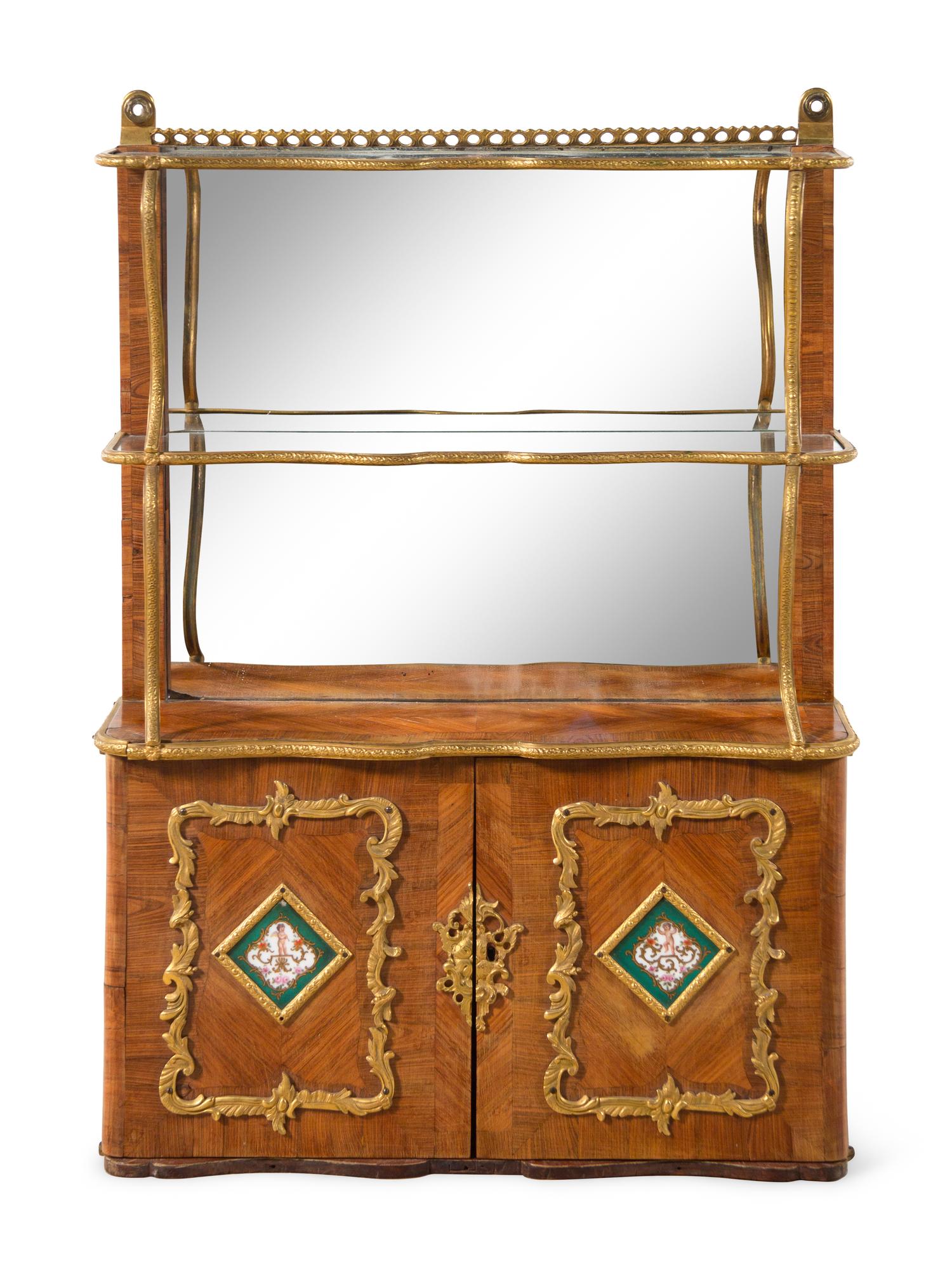A Louis XV Style Porcelain and Bronze Mounted Tulipwood Veneered Hanging Étagère