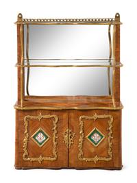 A Louis XV Style Porcelain and Bronze Mounted Tulipwood Veneered Hanging Étagère