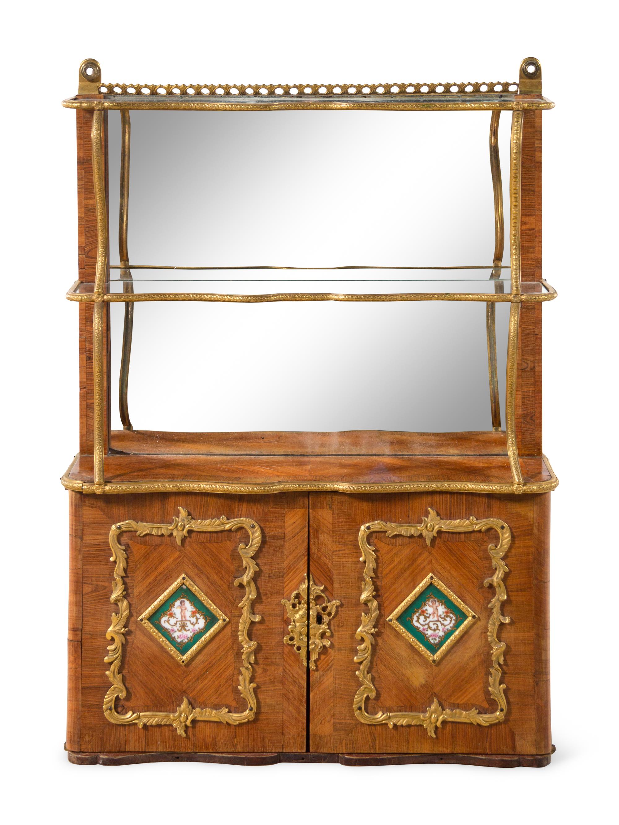 A Louis XV Style Porcelain and Bronze Mounted Tulipwood Veneered Hanging Étagère