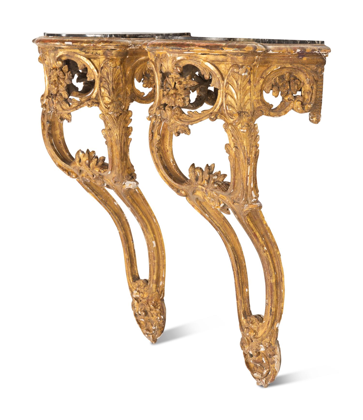 A Pair of Louis XV Style Giltwood Marble-Top Console Tables