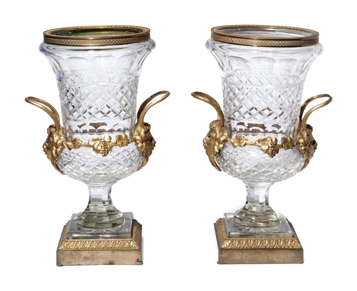 A Pair of George IV Gilt Bronze Mounted Cut Glass Urns