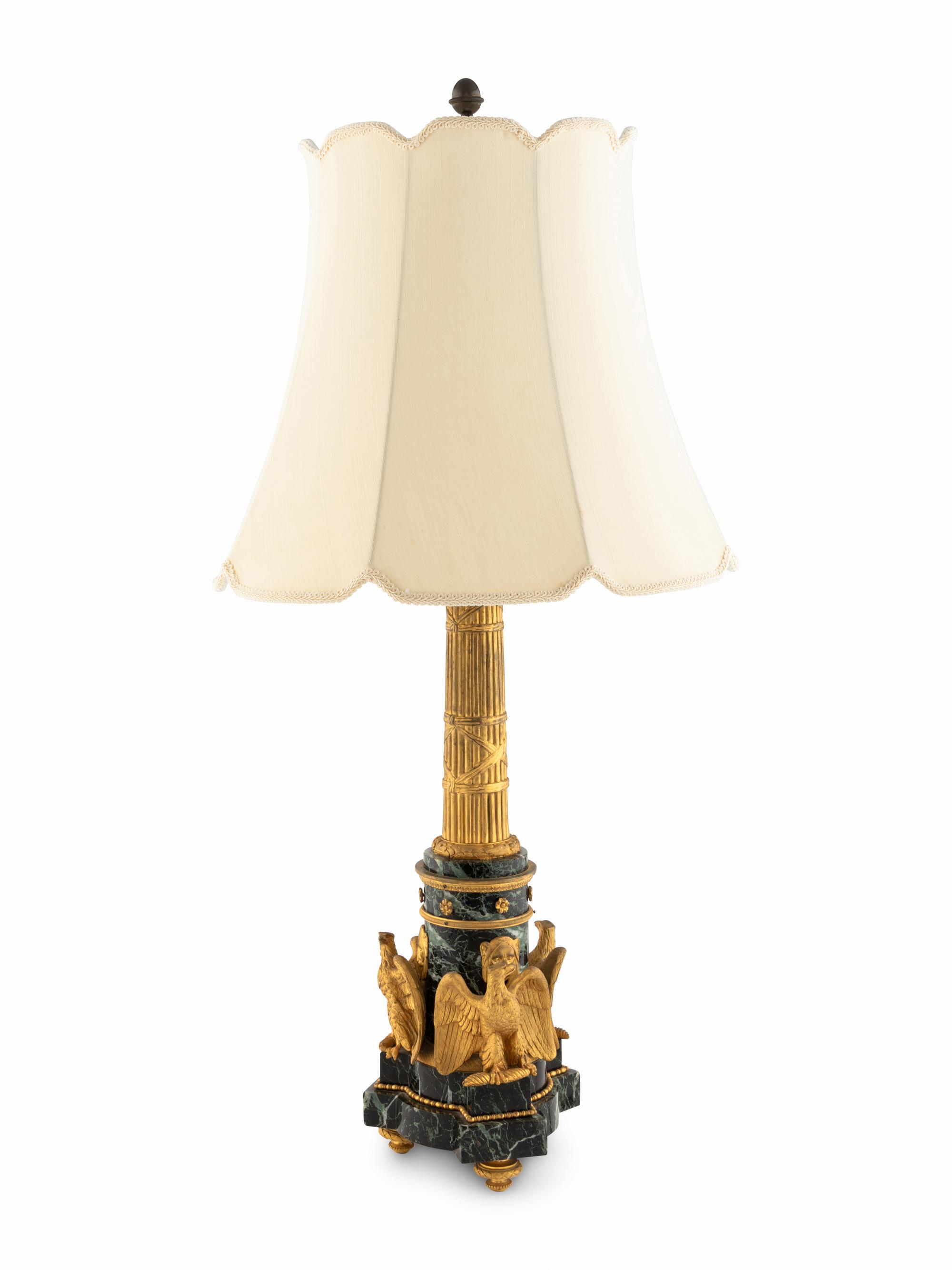 An Empire Style Gilt Bronze and Marble Columnar Lamp