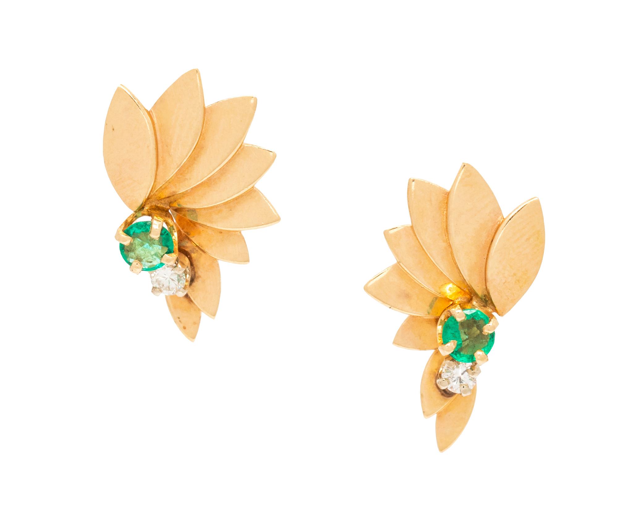 A Pair of 14 Karat Yellow Gold Diamond and Emerald Earrings,