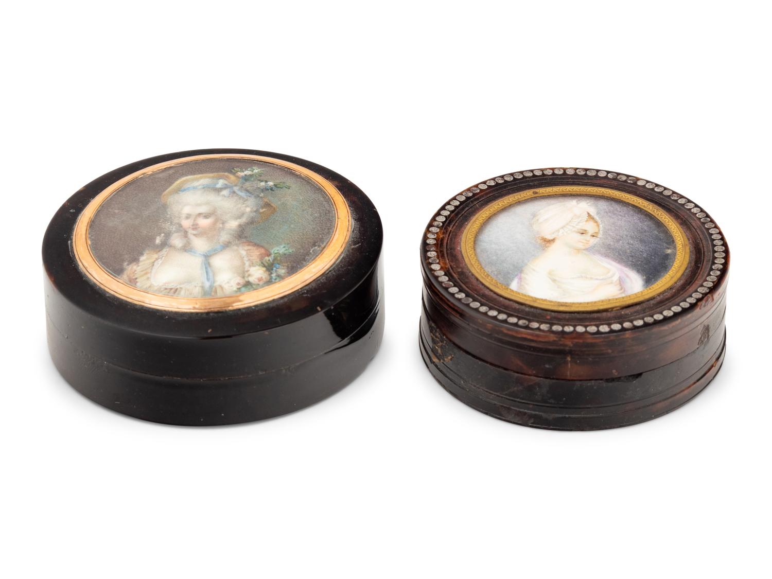 Two Continental Gilt Metal Mounted and Portrait Miniature Inset Tortoiseshell Snuff Boxes