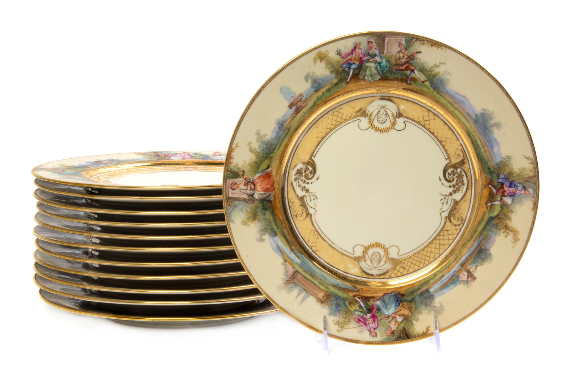 A Set of Twelve Berlin (K.P.M.) Porcelain Dinner Plates, Diameter 10 1/3 inches.