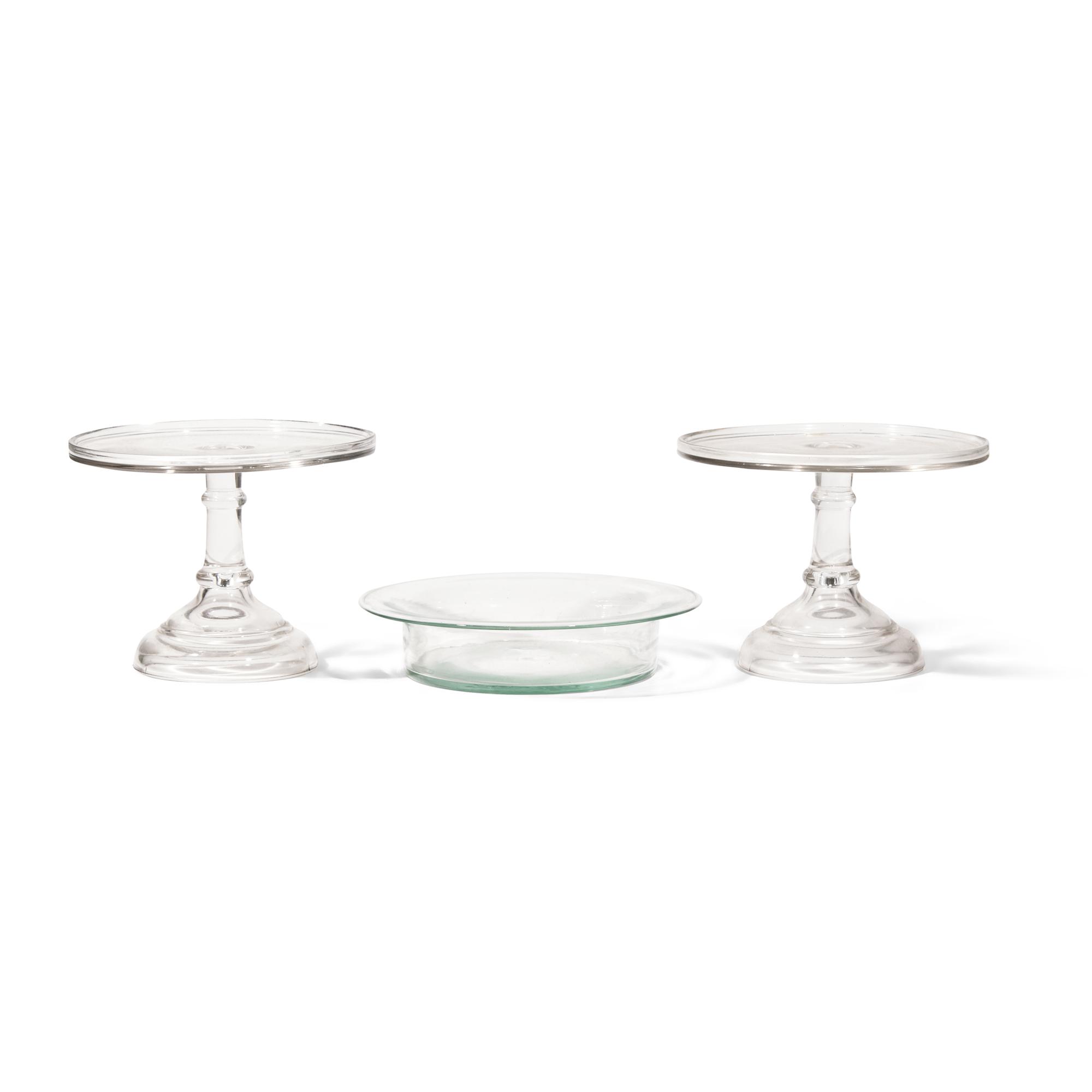 A Group of Six Blown and Cast Glass Cake Stands, Together with a Bowl