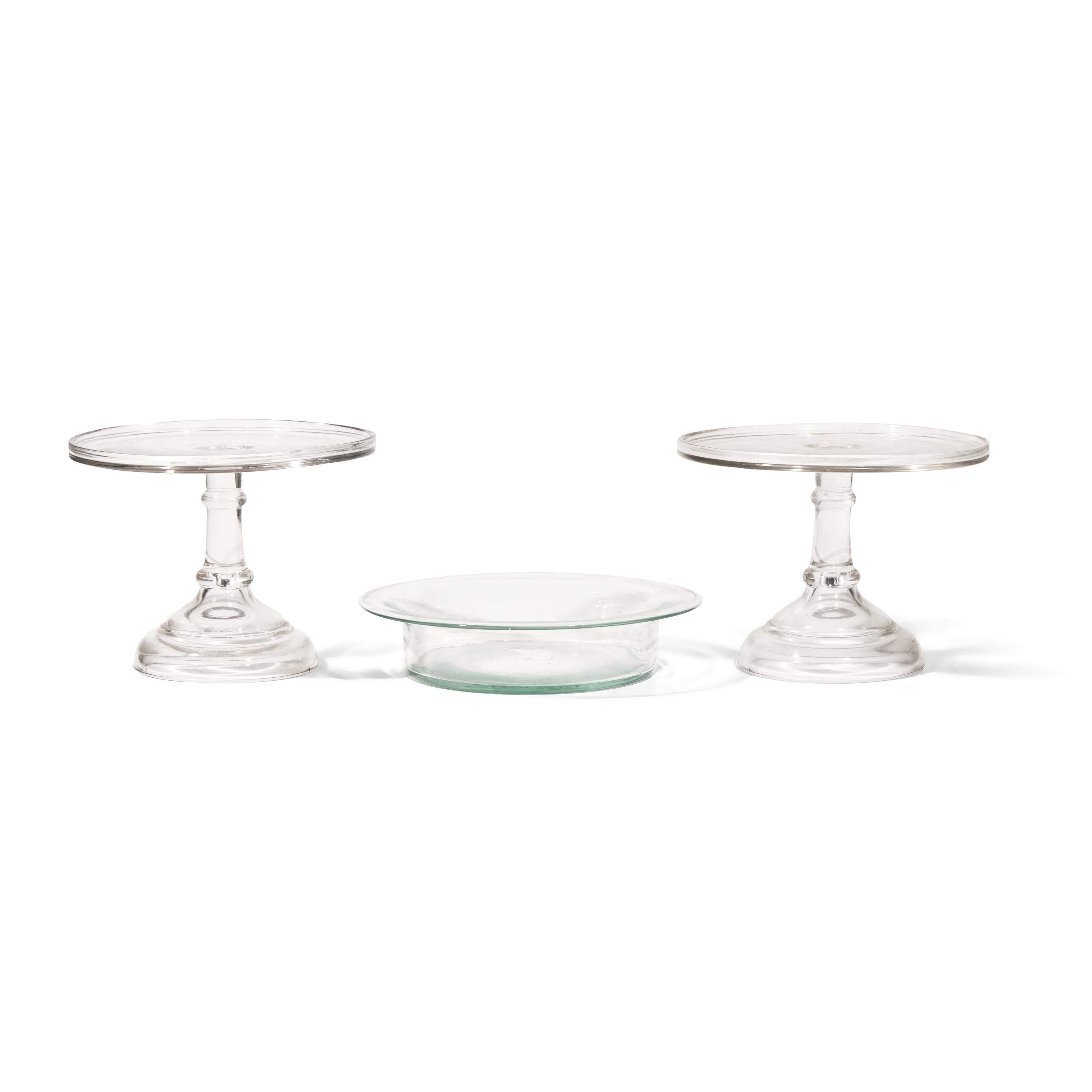 A Group of Six Blown and Cast Glass Cake Stands, Together with a Bowl