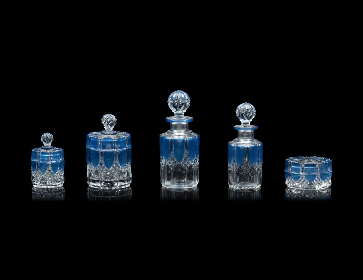 A French Blue Overlay Cut Glass Dresser Set