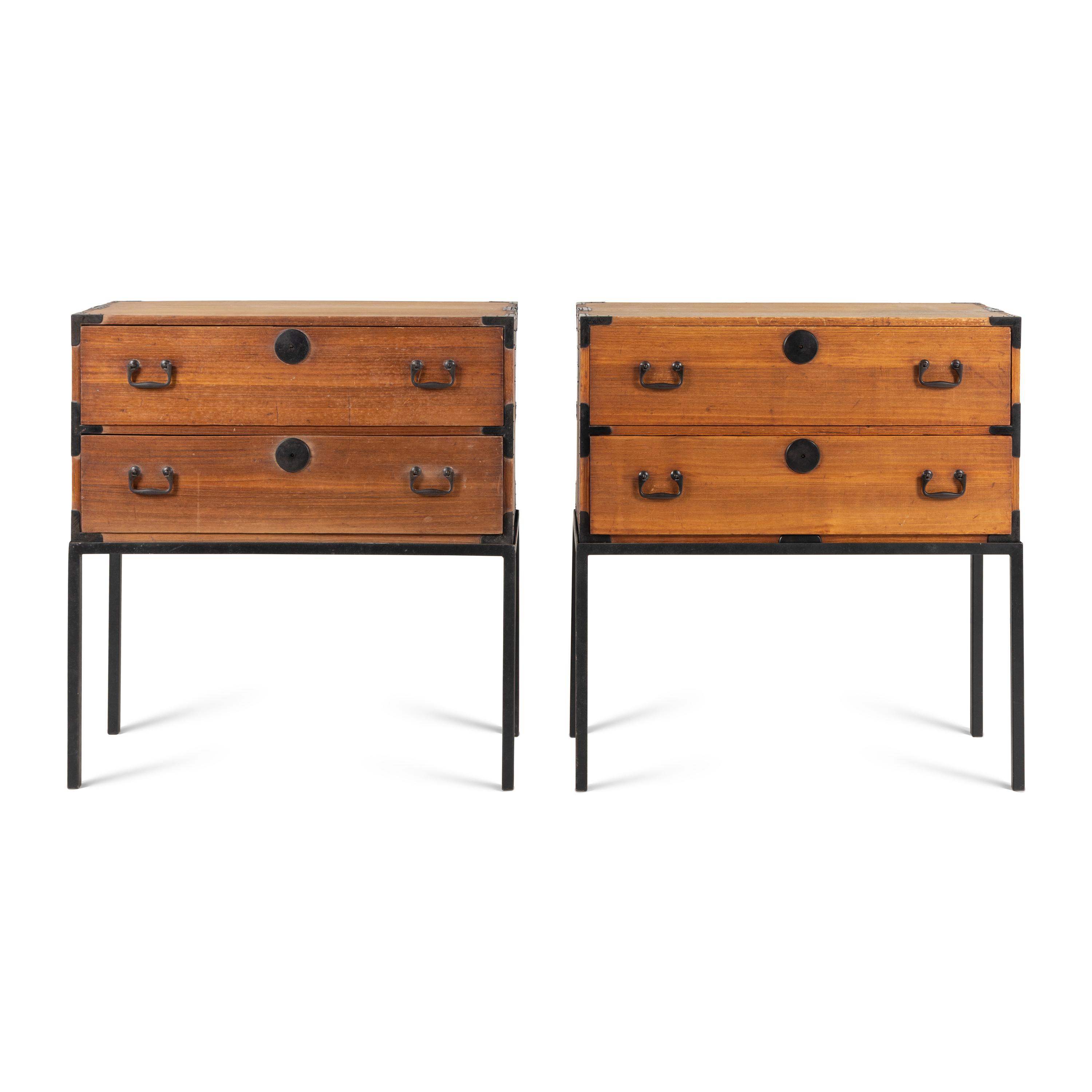 A Pair of Japanese or Korean Metal Mounted Tansu Cabinets on Stands