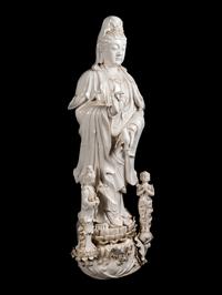 A Monumental Chinese Blanc-de-Chine Porcelain Guanyin Figural Group