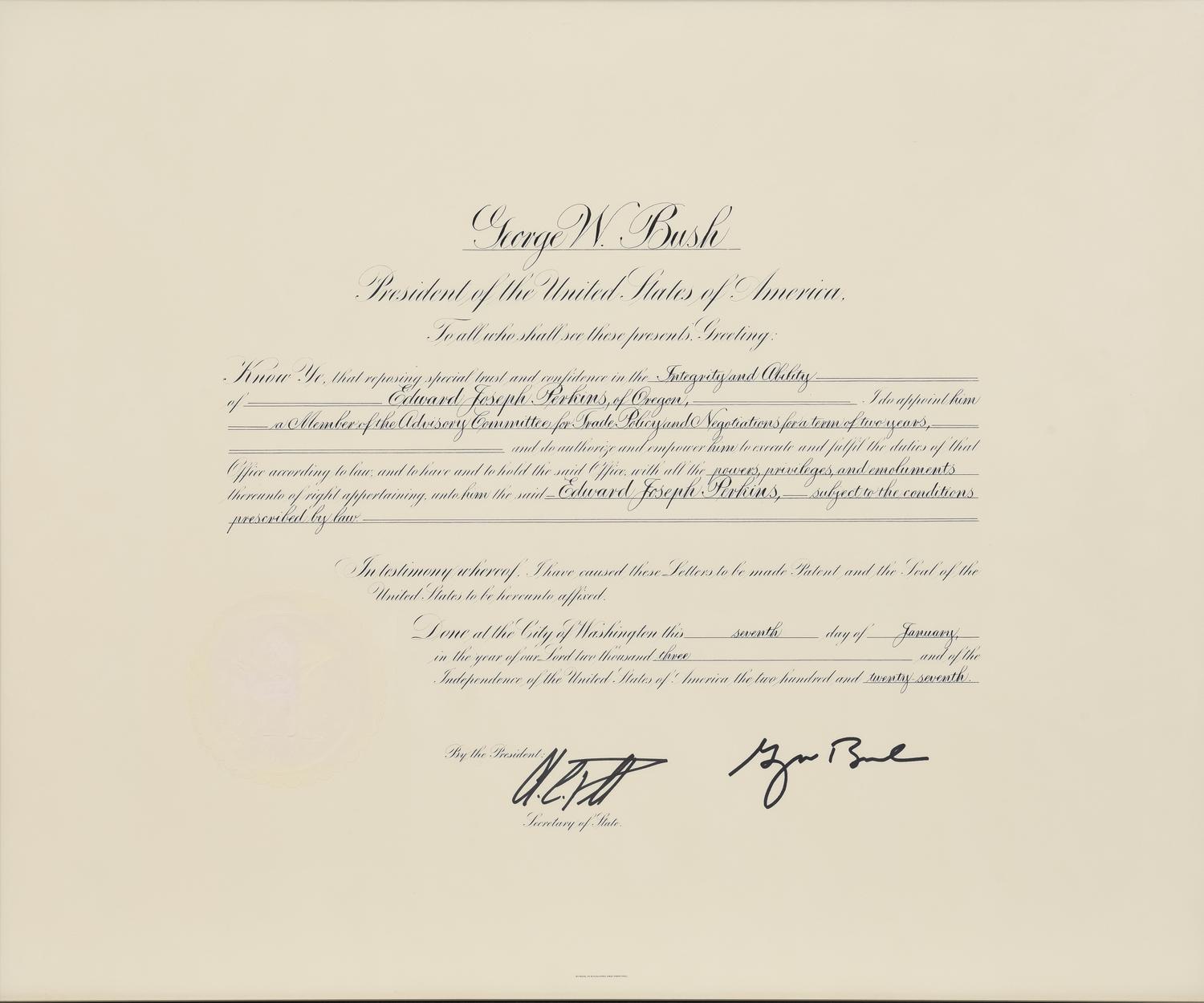 [POLITICS]. [PERKINS, Edward Joseph (1928-2020)]. A group of 9 appointments by Presidents Reagan, Bush, Clinton, and Bush to Perkins, presumably with secretarial or facsimile signatures, including: