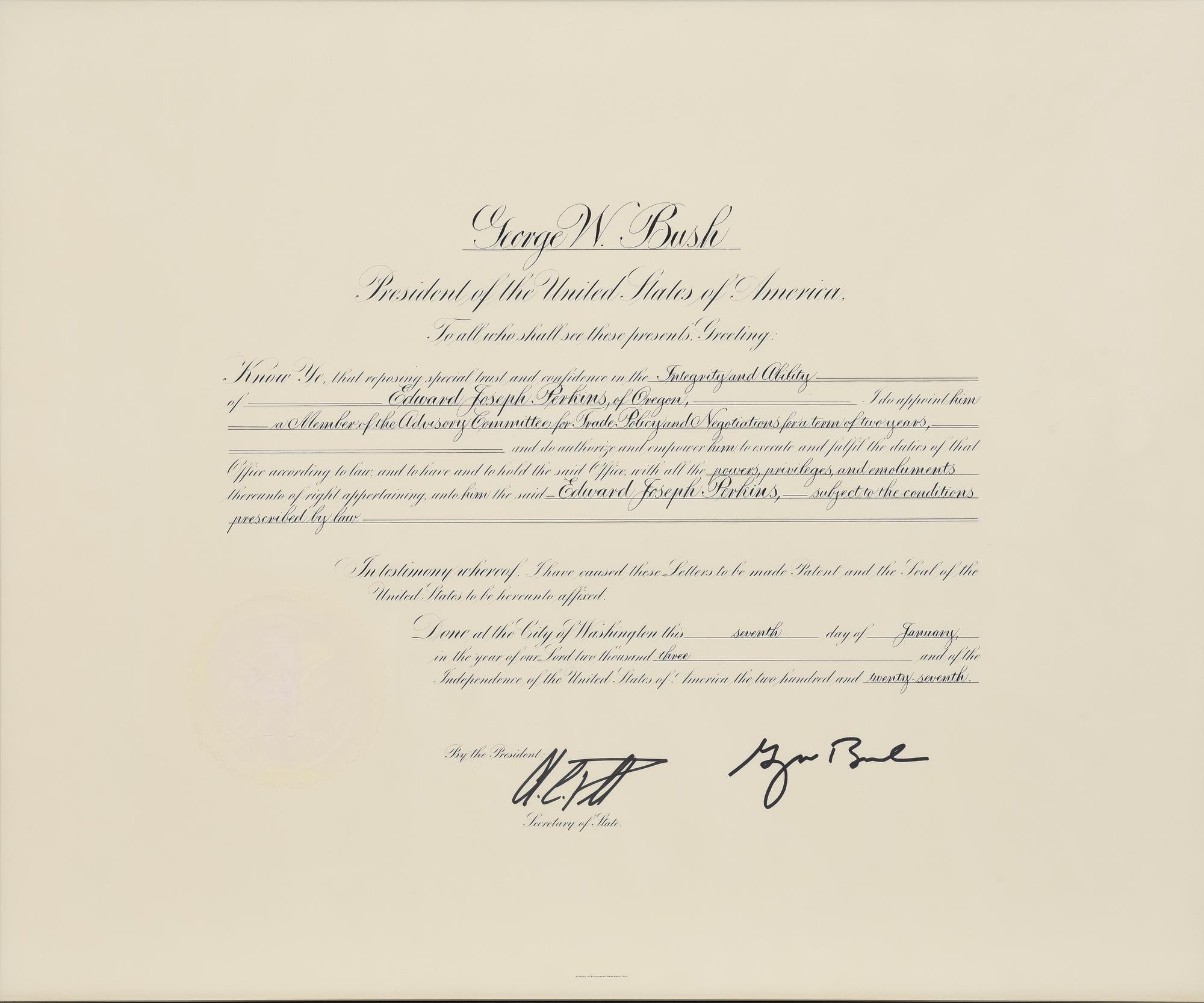 [POLITICS]. [PERKINS, Edward Joseph (1928-2020)]. A group of 9 appointments by Presidents Reagan, Bush, Clinton, and Bush to Perkins, presumably with secretarial or facsimile signatures, including: