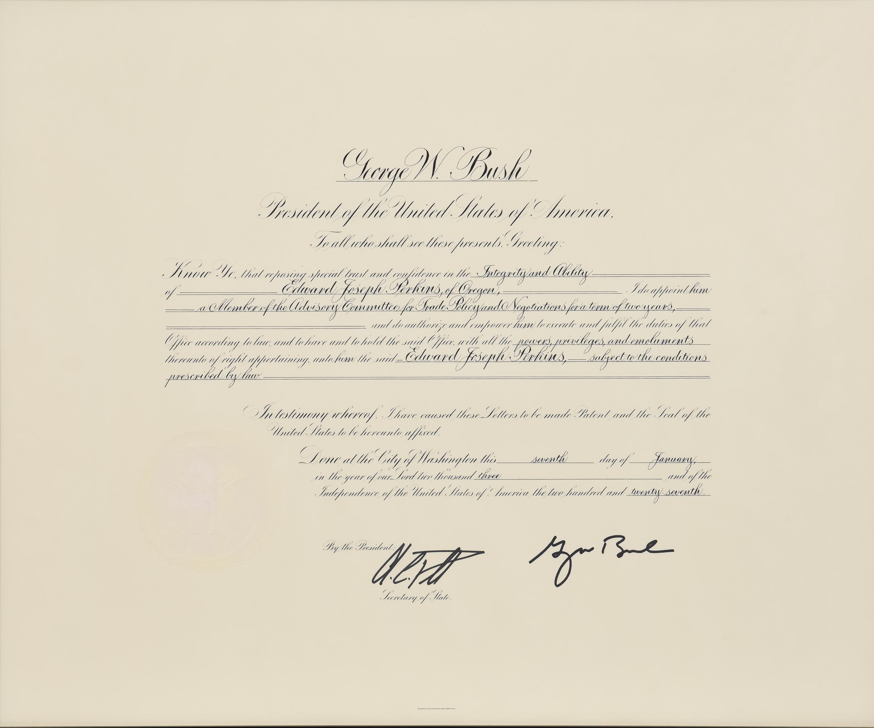[POLITICS]. [PERKINS, Edward Joseph (1928-2020)]. A group of 9 appointments by Presidents Reagan, Bush, Clinton, and Bush to Perkins, presumably with secretarial or facsimile signatures, including: